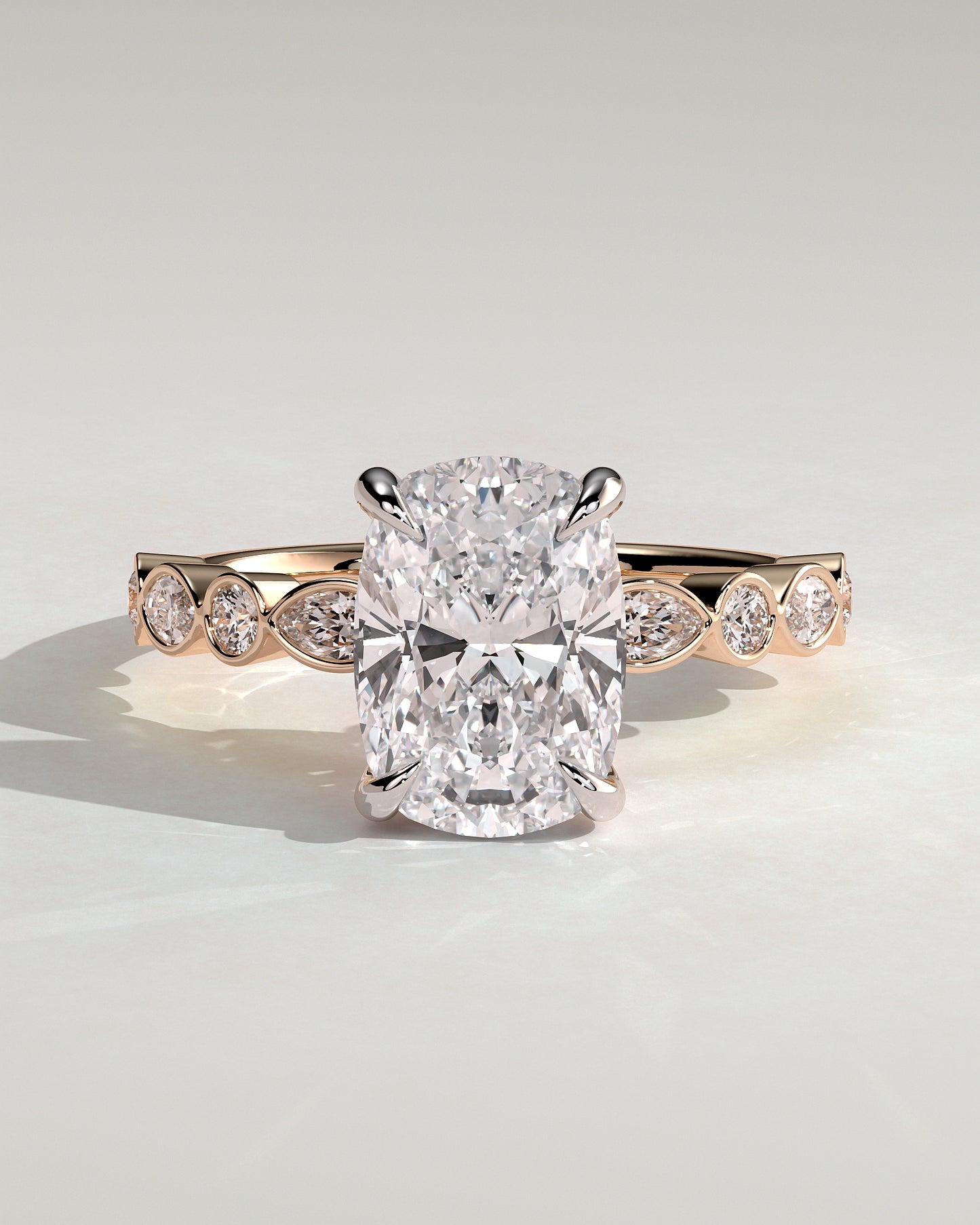 Carrie - Elongated Cushion Claw Solitaire with Round-Marquise Bezel Accent Stones Engagement Ring - Rose Two-Tone