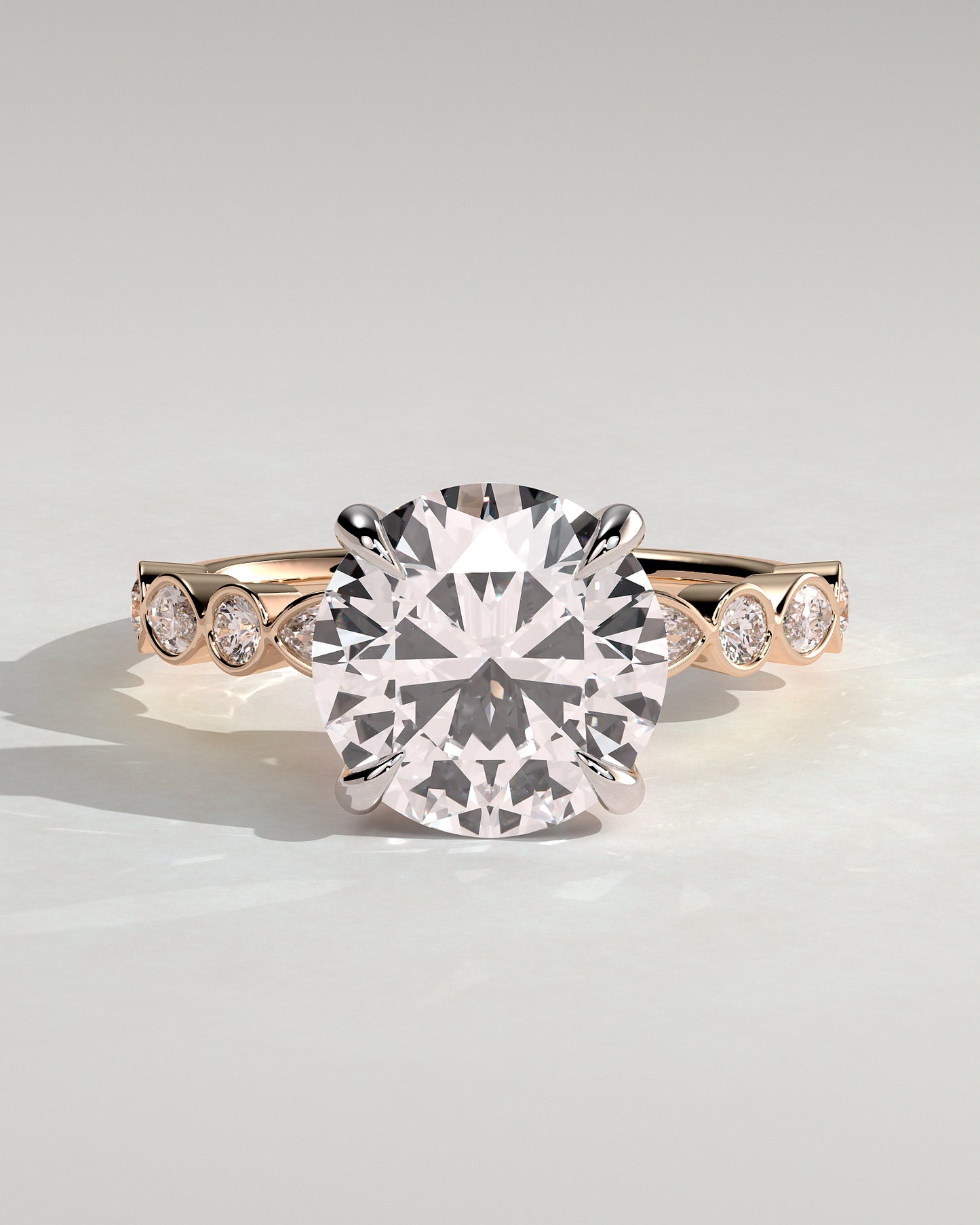 Cartia - Round Claw Solitaire with Round-Marquise Bezel Accent Stones Engagement Ring - Rose Two-Tone