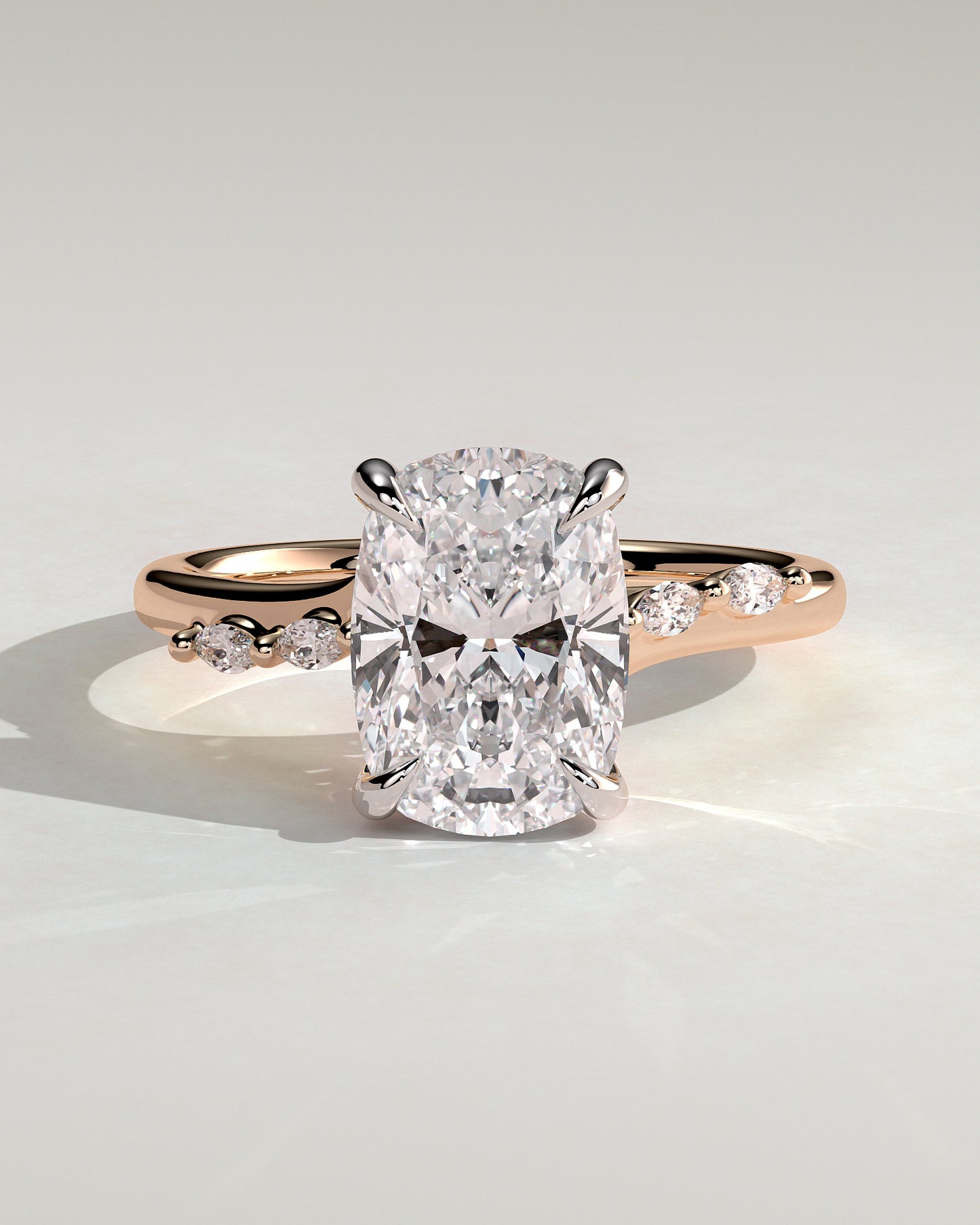 Elle - Elongated Cushion Claw Solitaire with Hidden Halo, Opposing Marquise Accents and Cathedral High Setting Engagement Ring - Rose Two-Tone