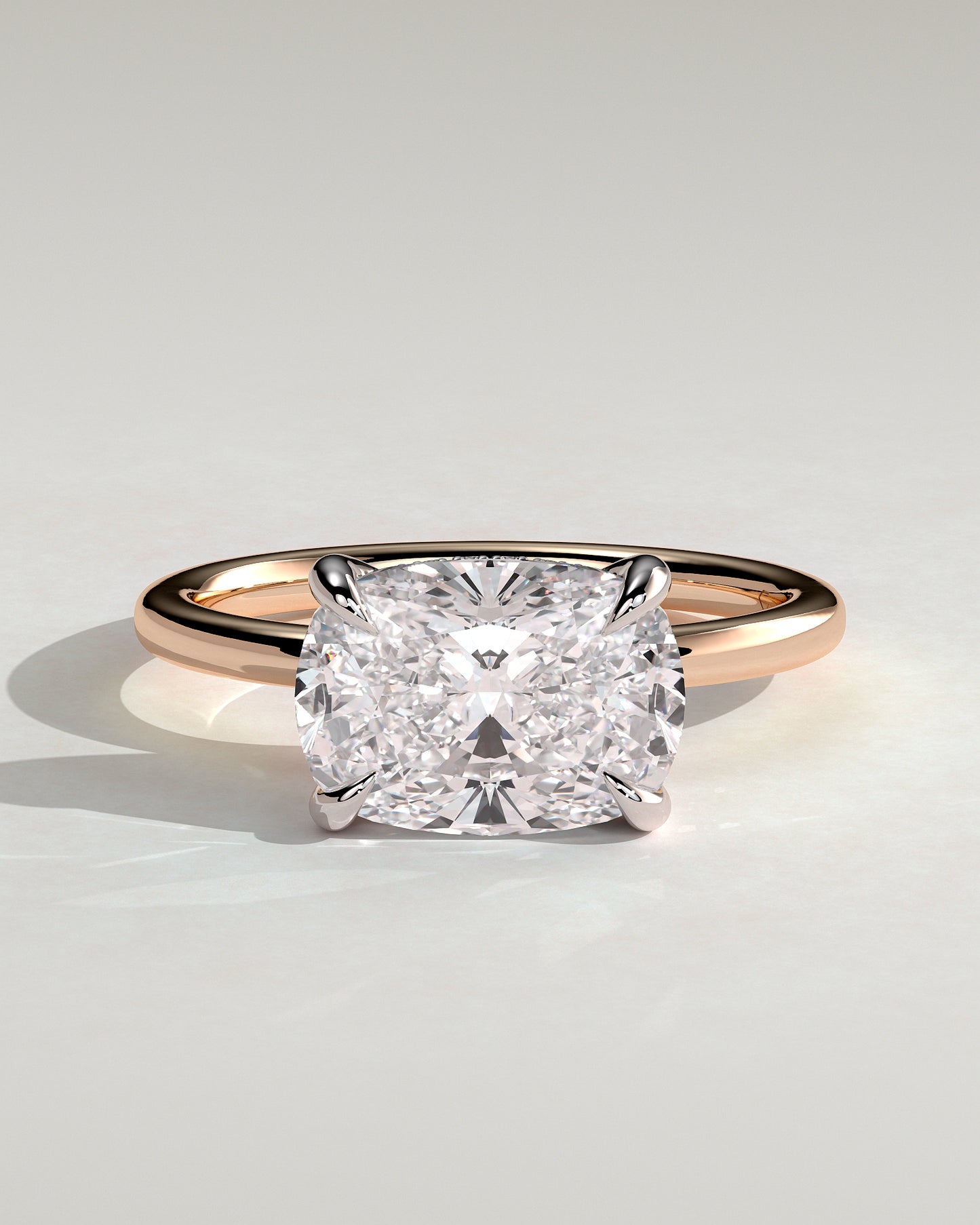 Frida - Elongated Cushion East West Claw Solitaire with Hidden Halo Engagement Ring - Rose Two-Tone