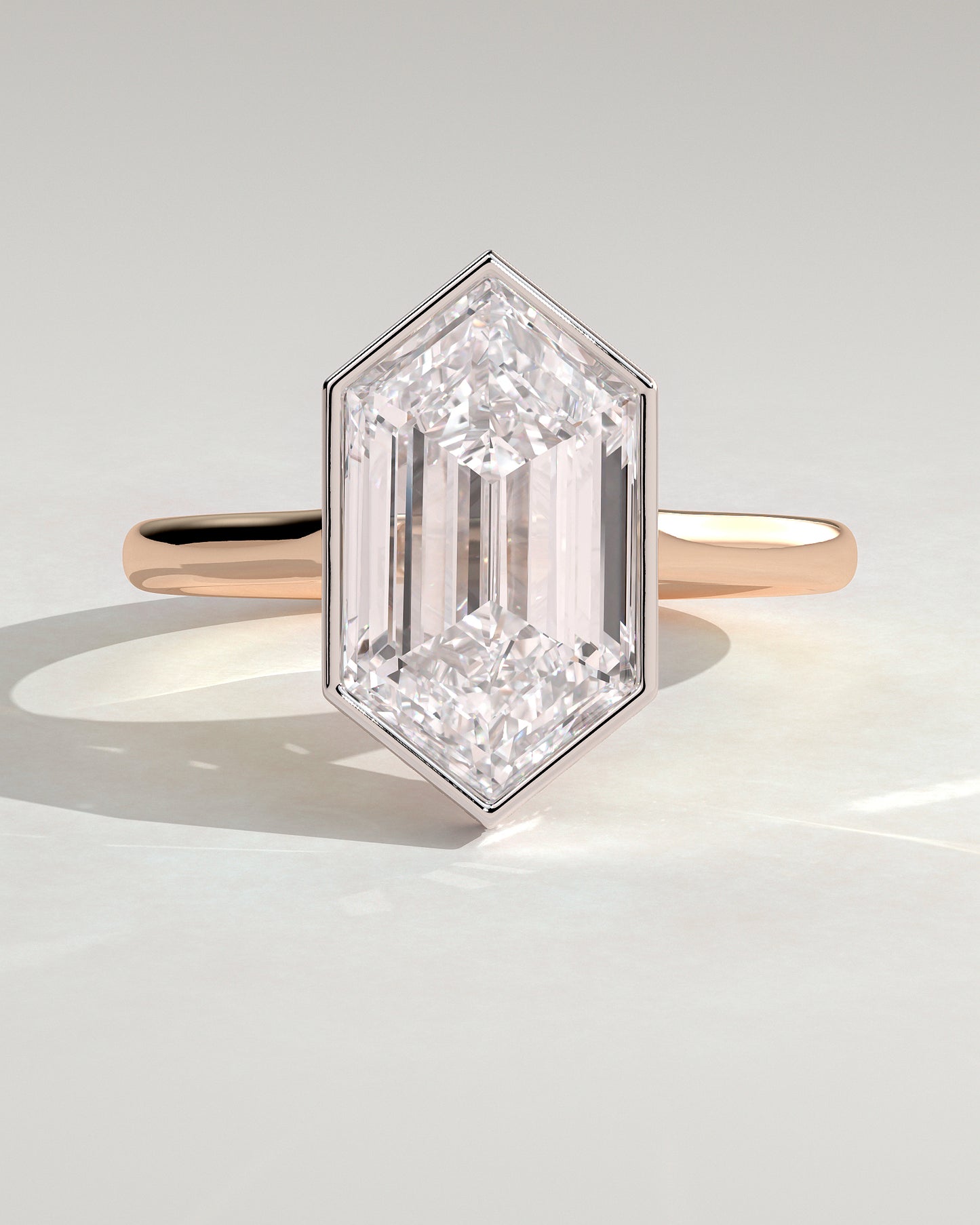 Gloria - Elongated Hexagon Bezel Solitaire with Hidden Halo and Cathedral High Setting Engagement Ring - Rose Two-Tone