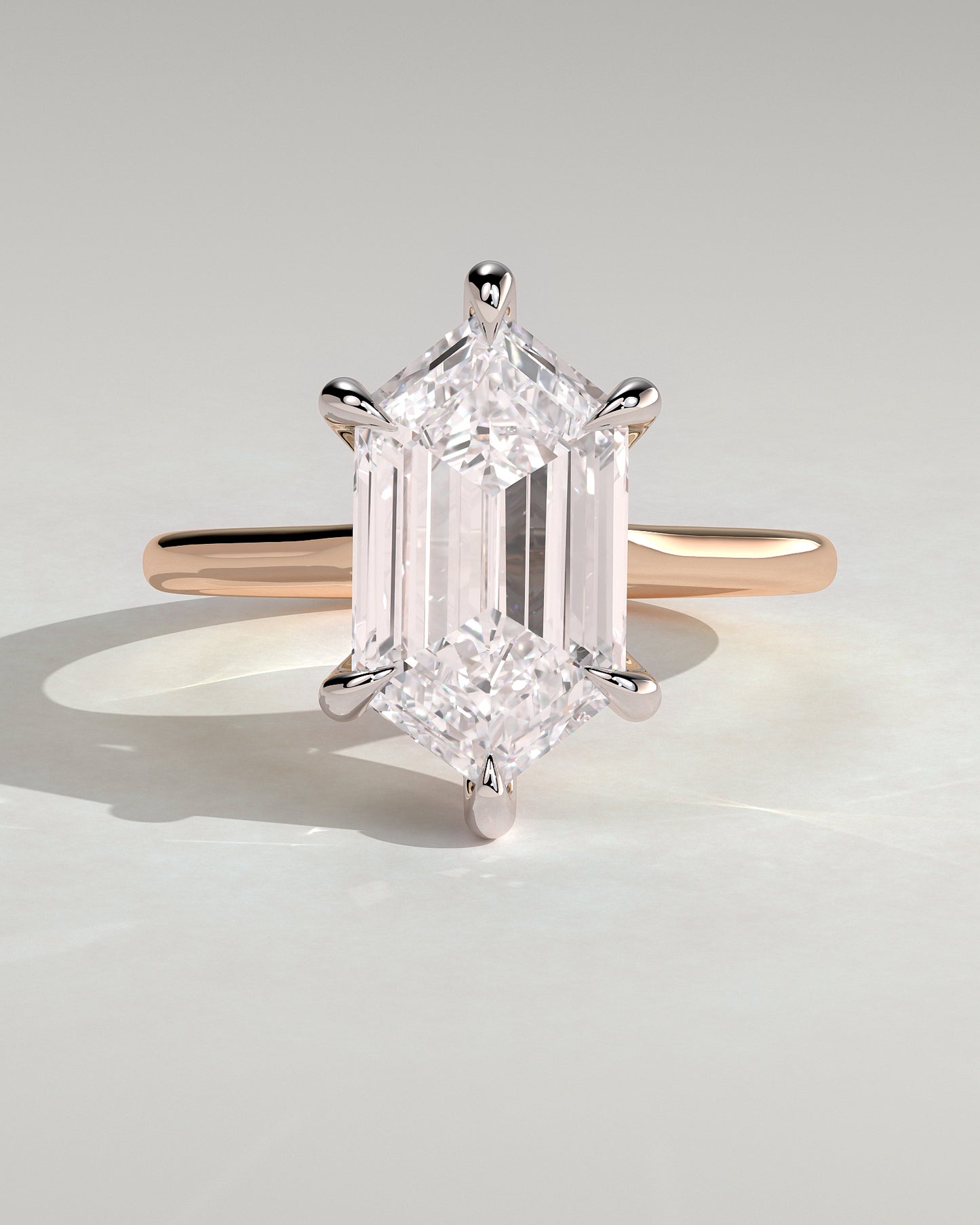 Anastasia - Elongated Hexagon Claw Solitaire with Hidden Halo and Cathedral High Setting Engagement Ring - Rose Two-Tone