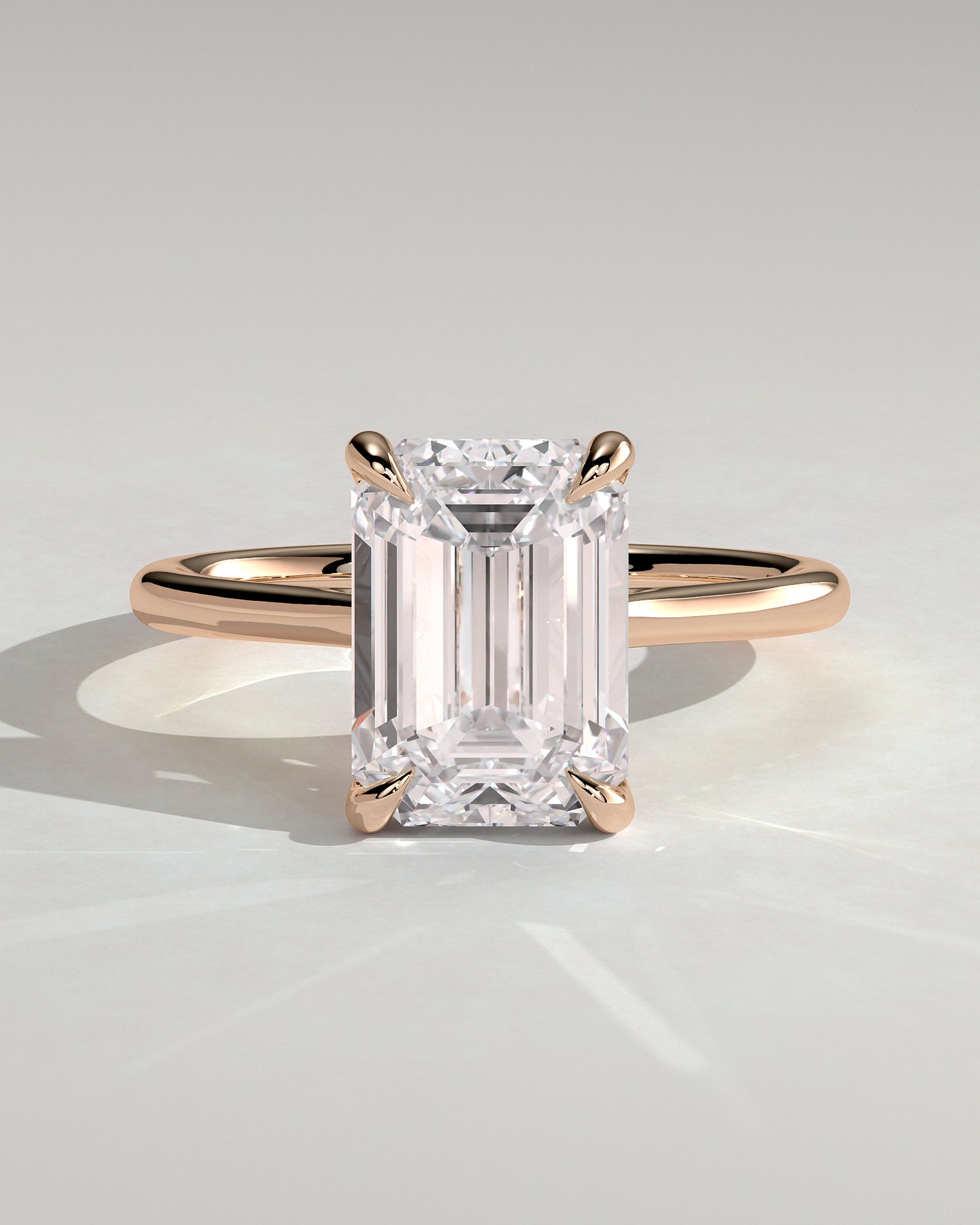 Angela - Radiant Claw Solitaire with Hidden Halo, Tapered Band and Cathedral High Setting Engagement Ring - Rose Gold