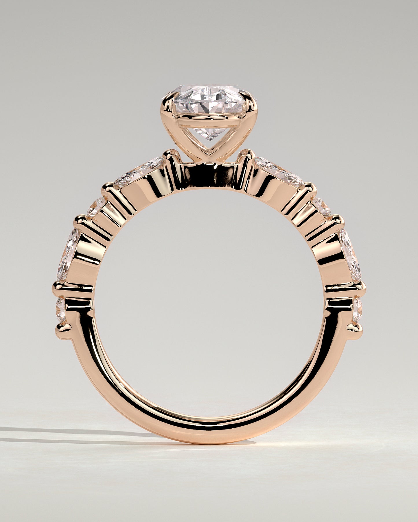 Alyssa - Oval Claw Solitaire with Marquise and Round Accent Stones Engagement Ring - Rose Gold - Rose Gold 2ct