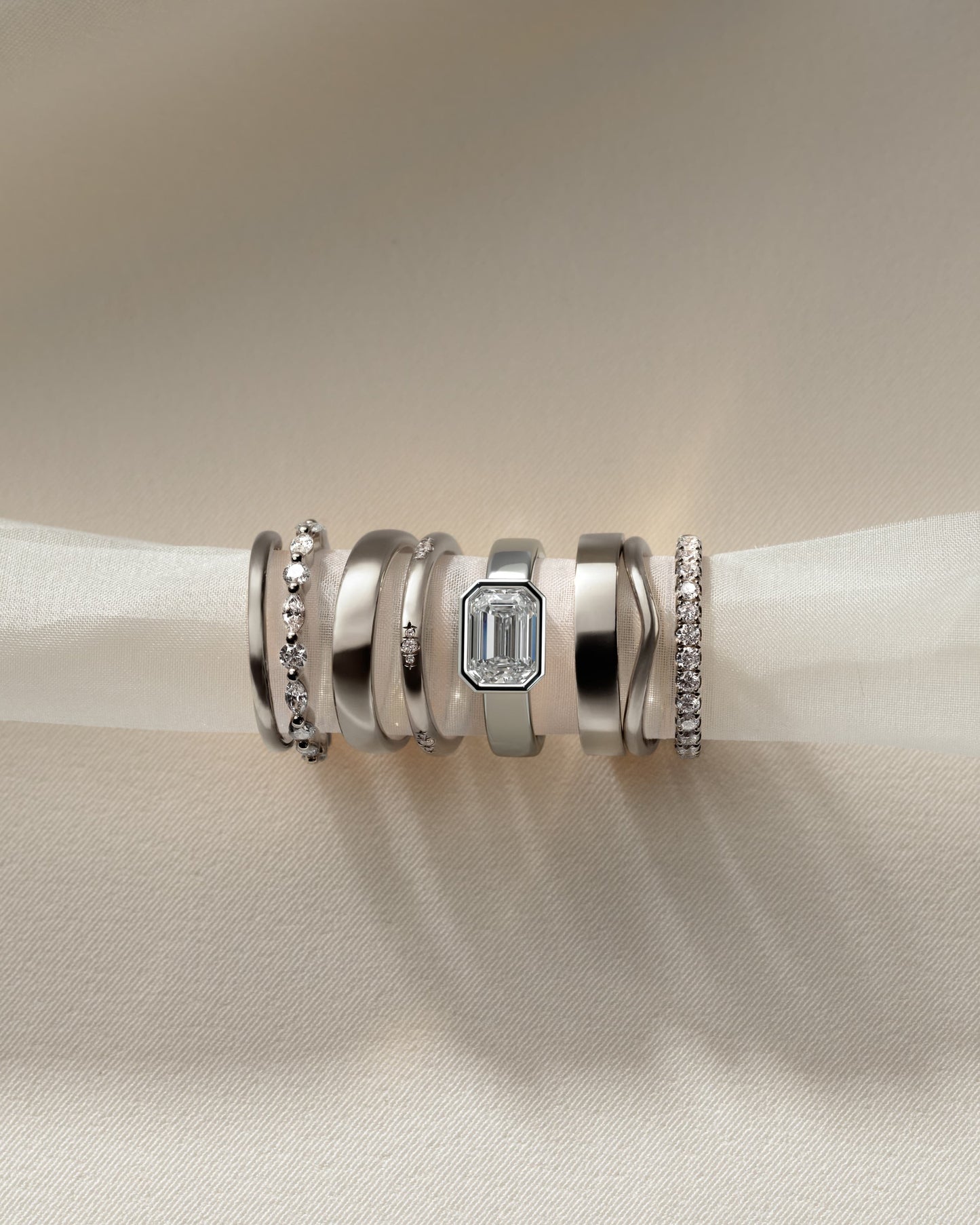 Adrian - Statement Emerald East West Bezel Solitaire with Flat Cigar Band Engagement Ring - White Gold - white gold - Lara Jewels