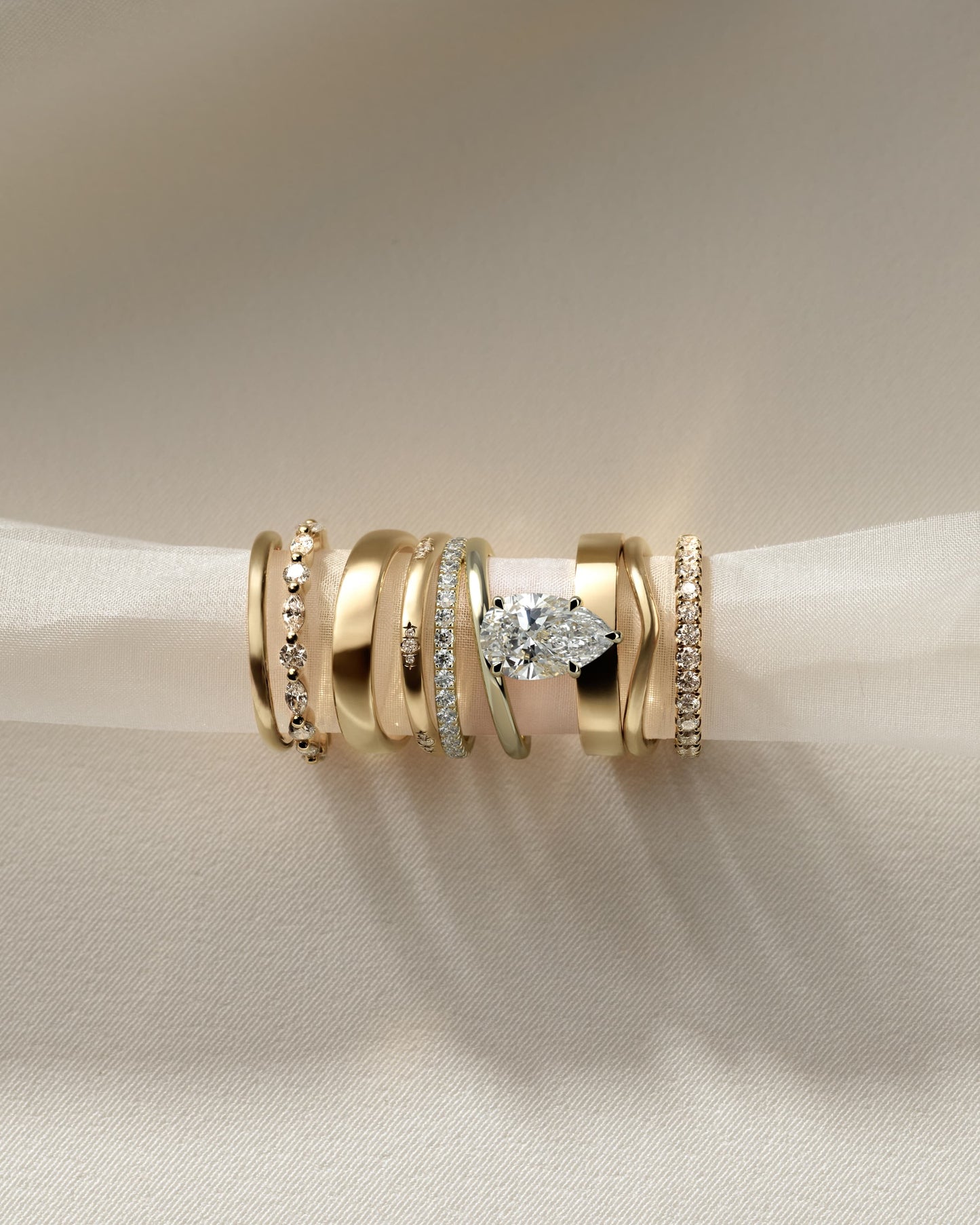 Candice - Pear Claw Solitaire with Double Pave and Plain Band Engagement Ring - Yellow Gold