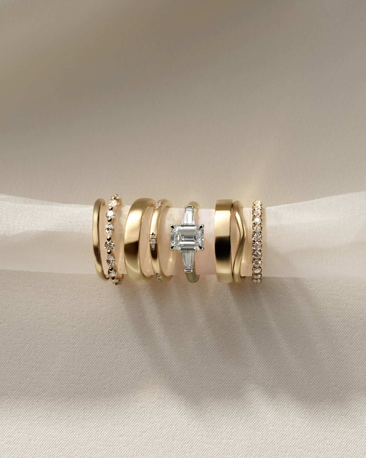 Bridget - Emerald Claw Trilogy with Tapered Baguette Side Stones and Cathedral Setting Engagement Ring - Yellow Gold