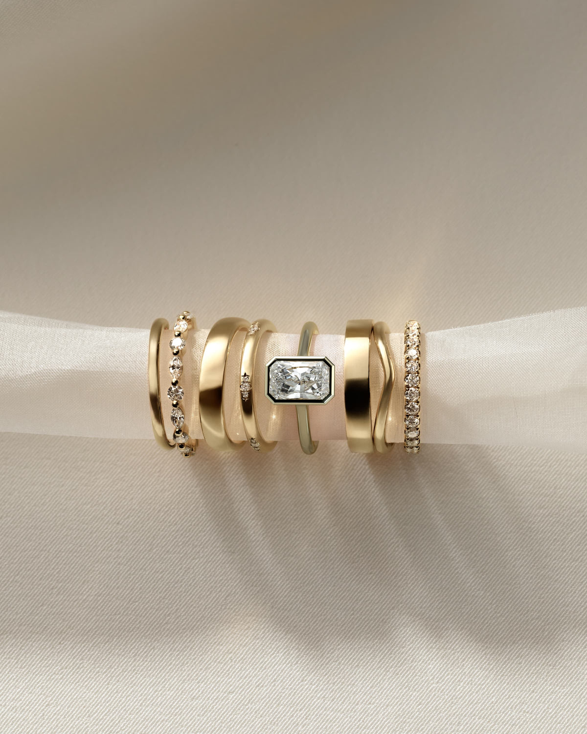 Rachel - Statement Radiant Bezel Solitaire with Open Cathedral High Setting Engagement Ring - Yellow Gold