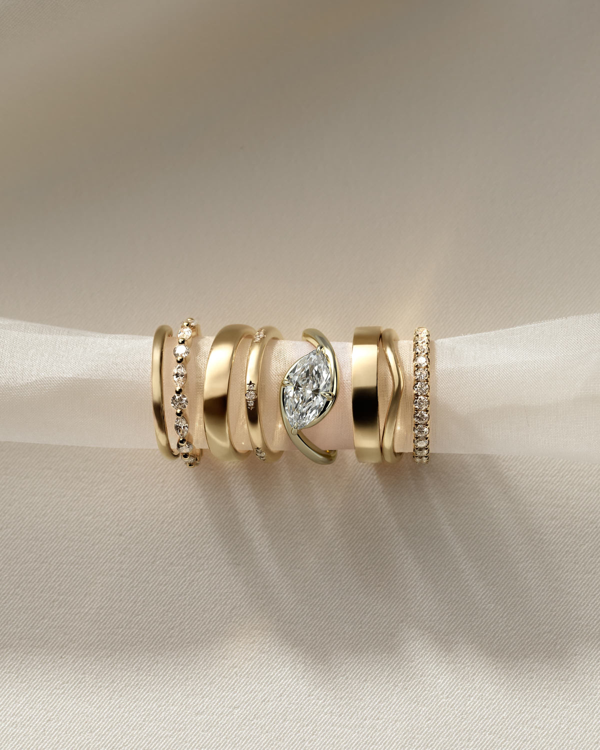 Beverly - Marquise East West Claw Solitaire with Bypass Band Engagement Ring - Yellow Gold