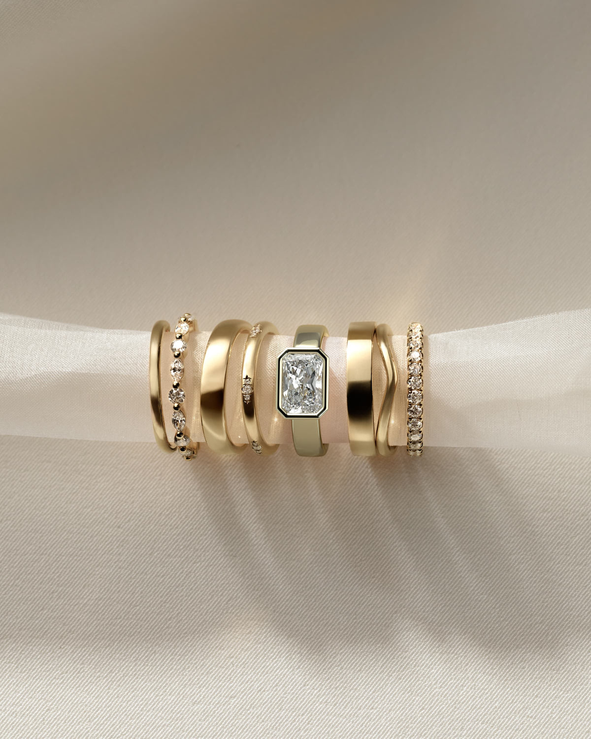 Frankie - Statement Radiant East West Bezel Solitaire with Flat Cigar Band Engagement Ring - Yellow Gold