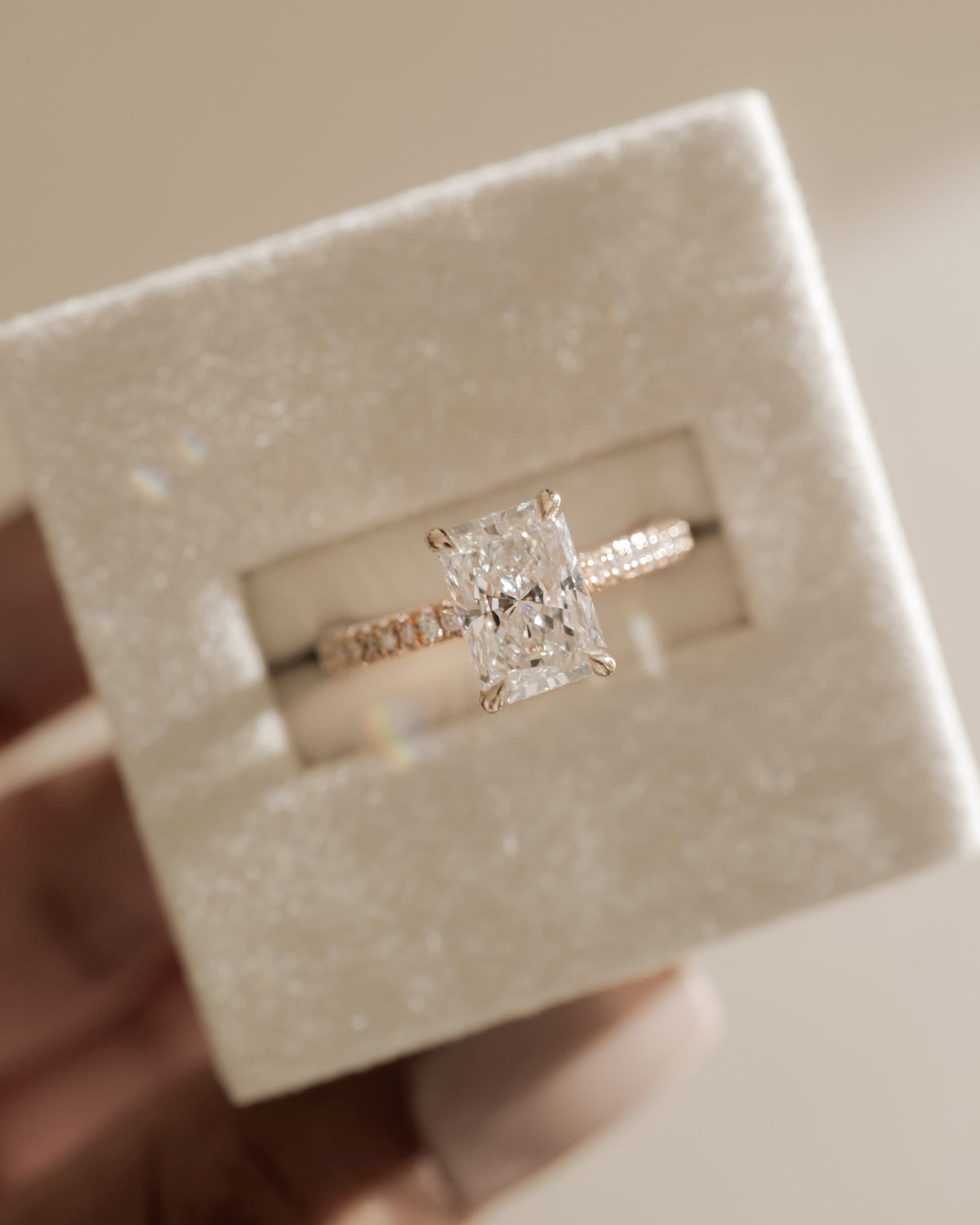 Irene - Radiant Claw Solitaire with Hidden Halo and Triple Pave Band Engagement Ring - Yellow Gold