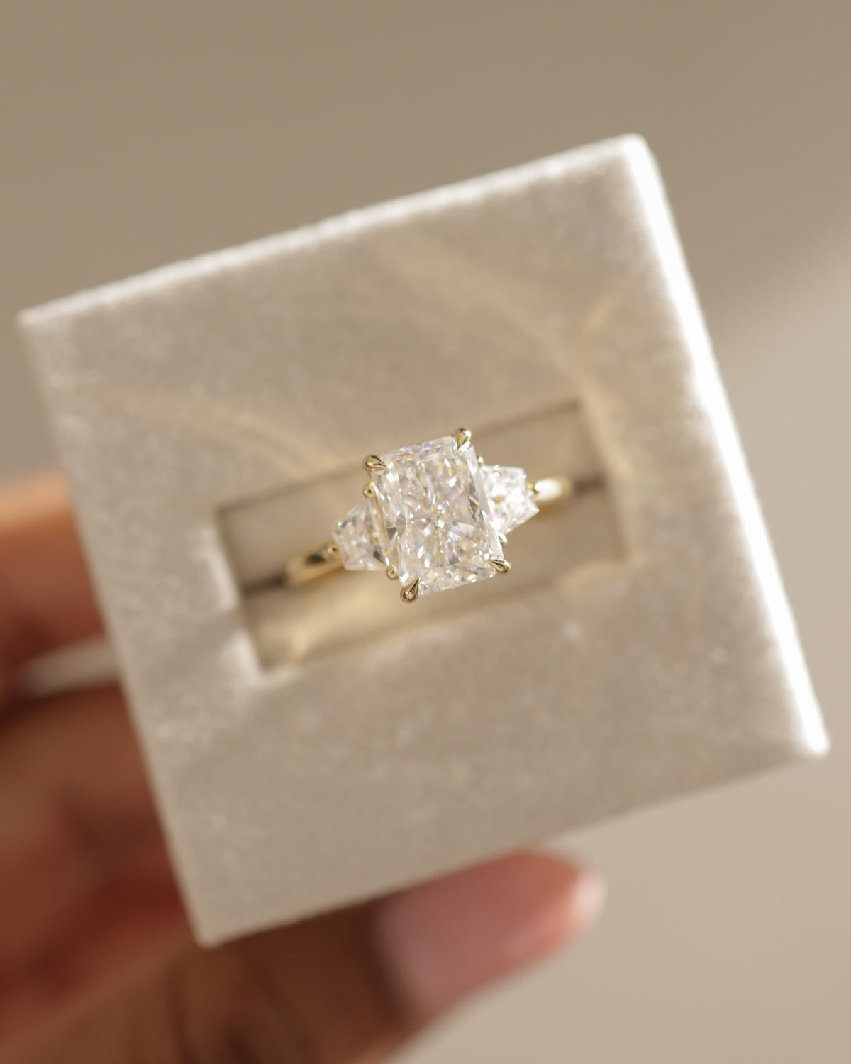 Juliette - Radiant Claw Trilogy with Trapezoid Side Stones and Low Setting Engagement Ring - Yellow Gold