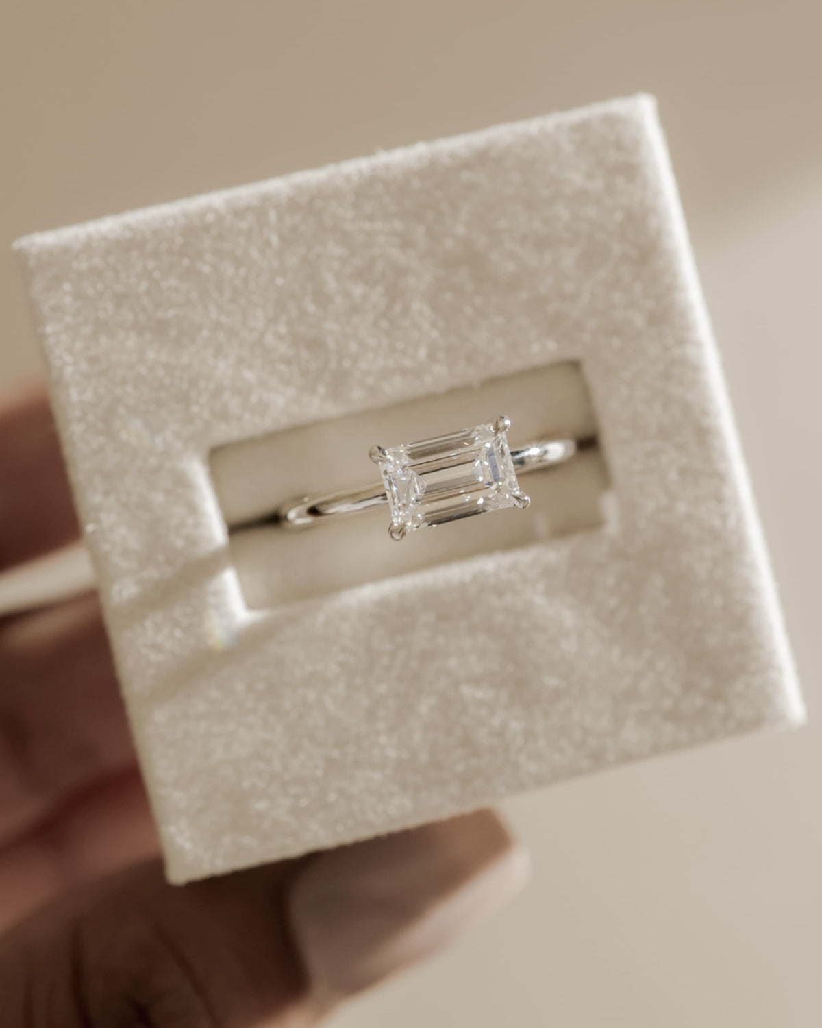 Zayla - Emerald East West Claw Solitaire with Hidden Halo Engagement Ring - White Gold