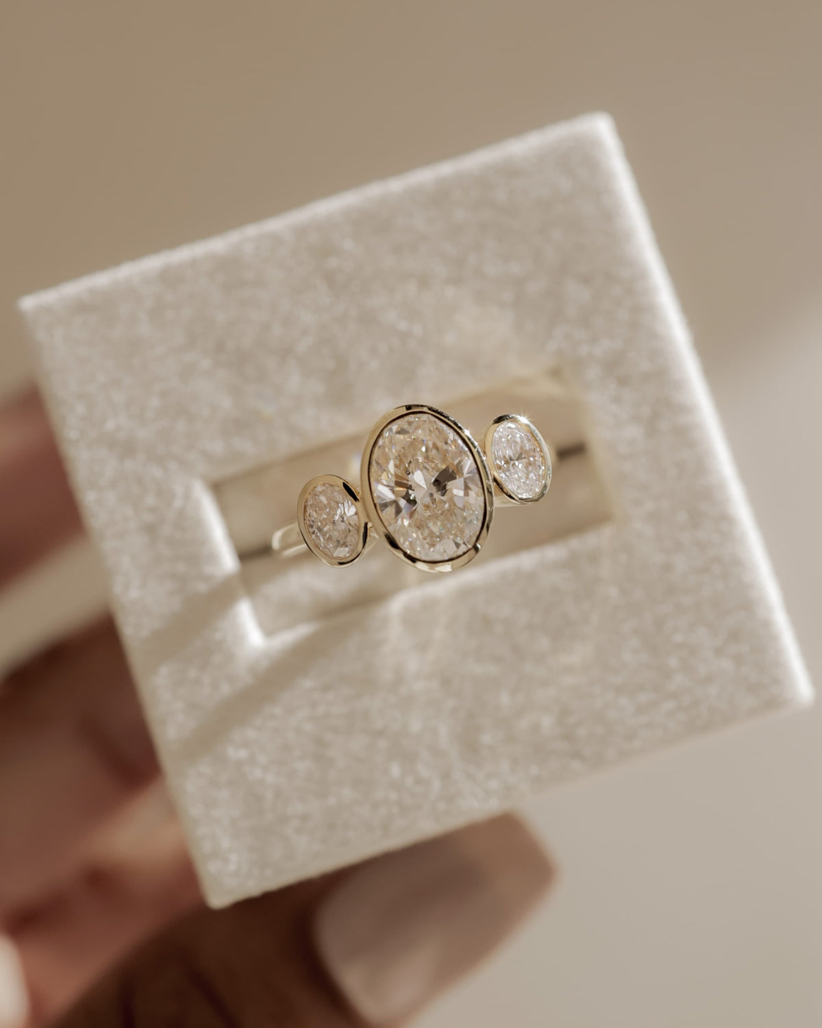 Zelda - Oval Bezel Trilogy Engagement Ring - White Gold