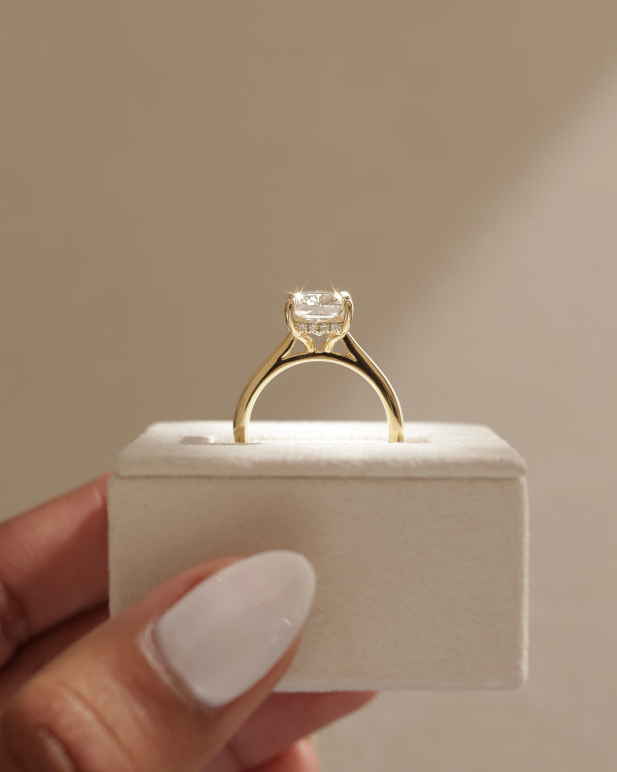 Wendy - Elongated Cushion Claw Solitaire with Hidden Halo, Tapered Band and Cathedral High Setting Engagement Ring - White Gold