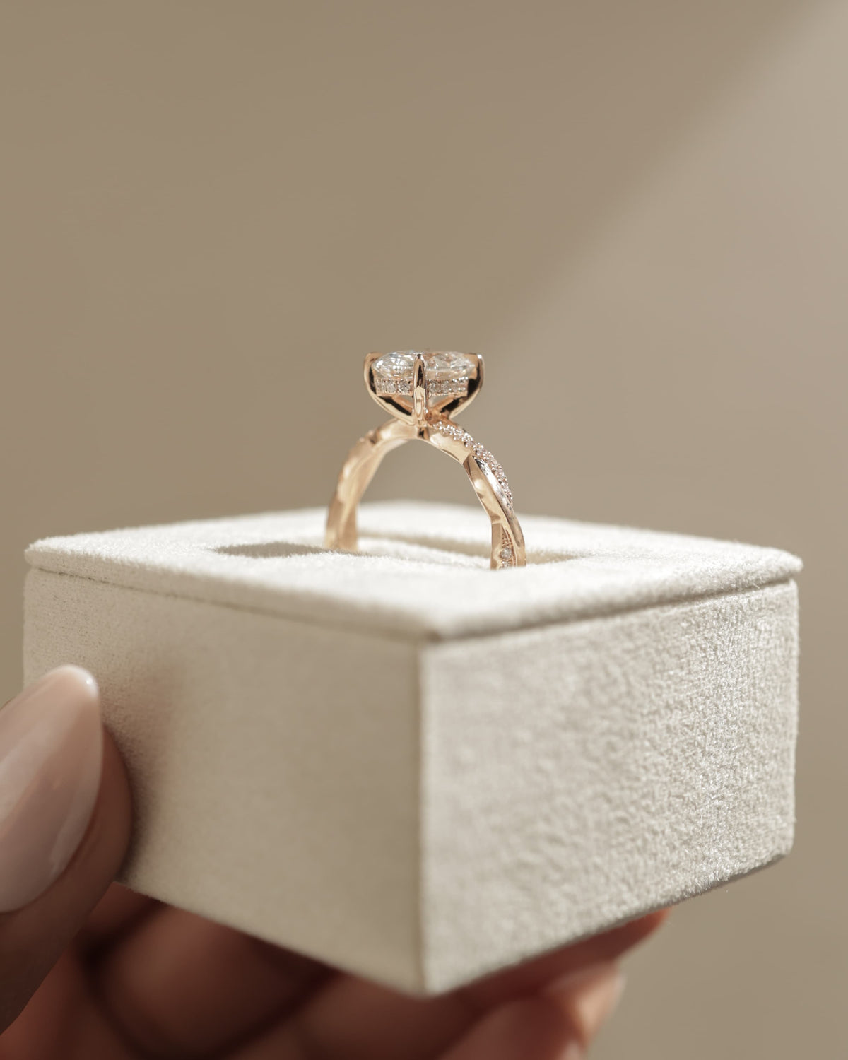Lara - Oval Claw Solitaire with Hidden Halo and Twisted Alternating Pave Band Engagement Ring - Yellow Gold