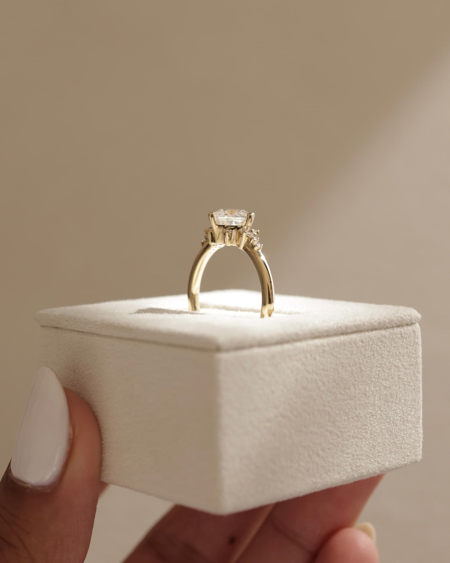Sophia - Princess Claw Solitaire with Angled Setting and Clustered Round Shoulder Stones Engagement Ring - Rose Gold