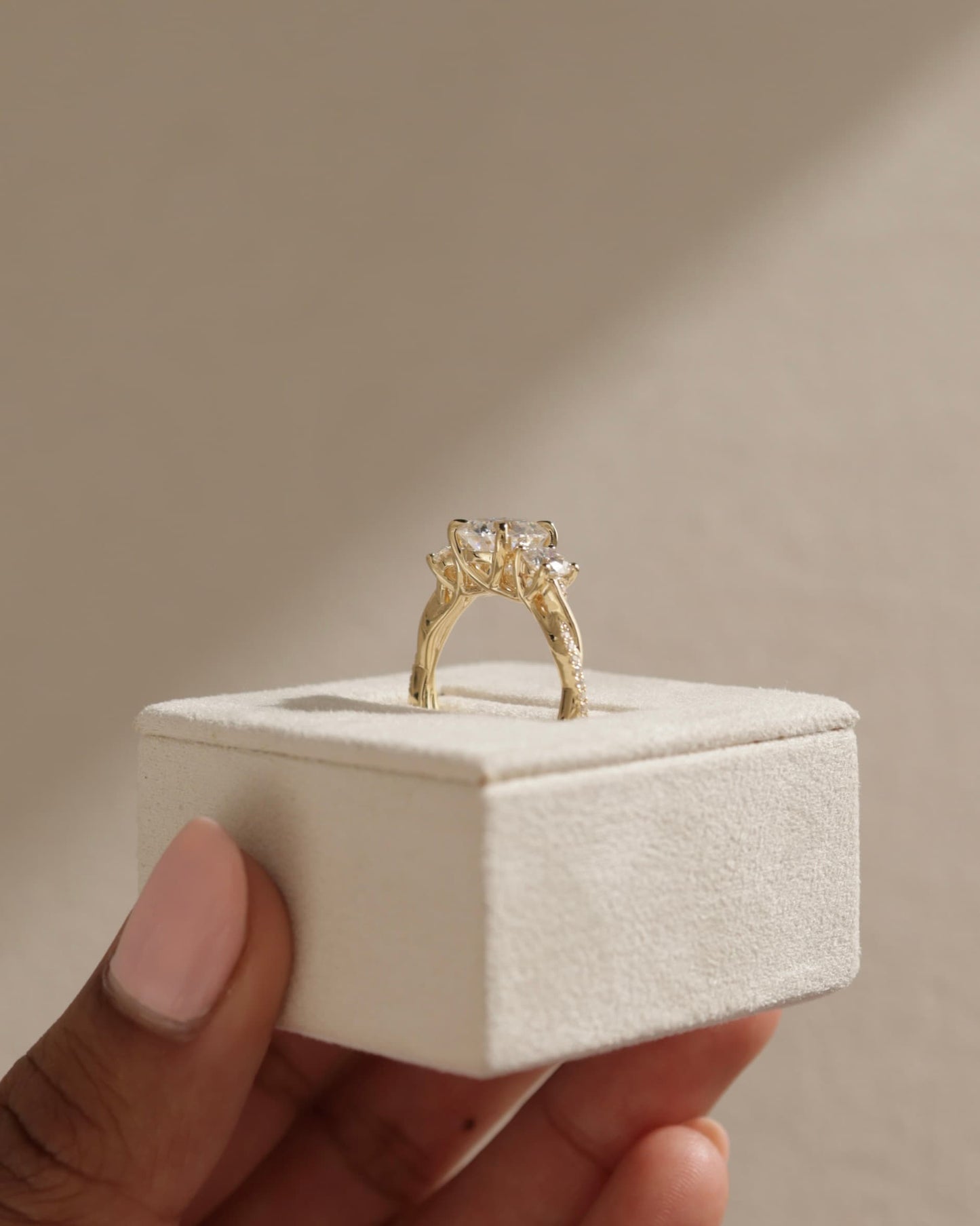 Jaylene - Round Claw Trilogy with Round Side Stones, Twisted Pave Band and Trellis Gallery Engagement Ring - Yellow Gold