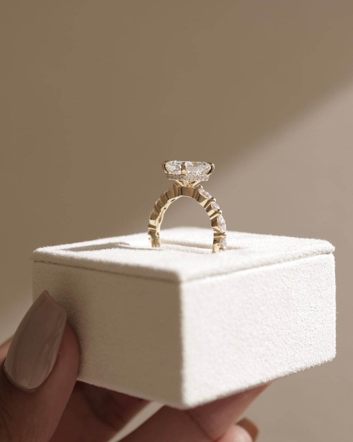 Kyla - Radiant Claw Solitaire with Marquise-Round Accent Stones and Wrap Around Hidden Halo Engagement Ring - Yellow Gold