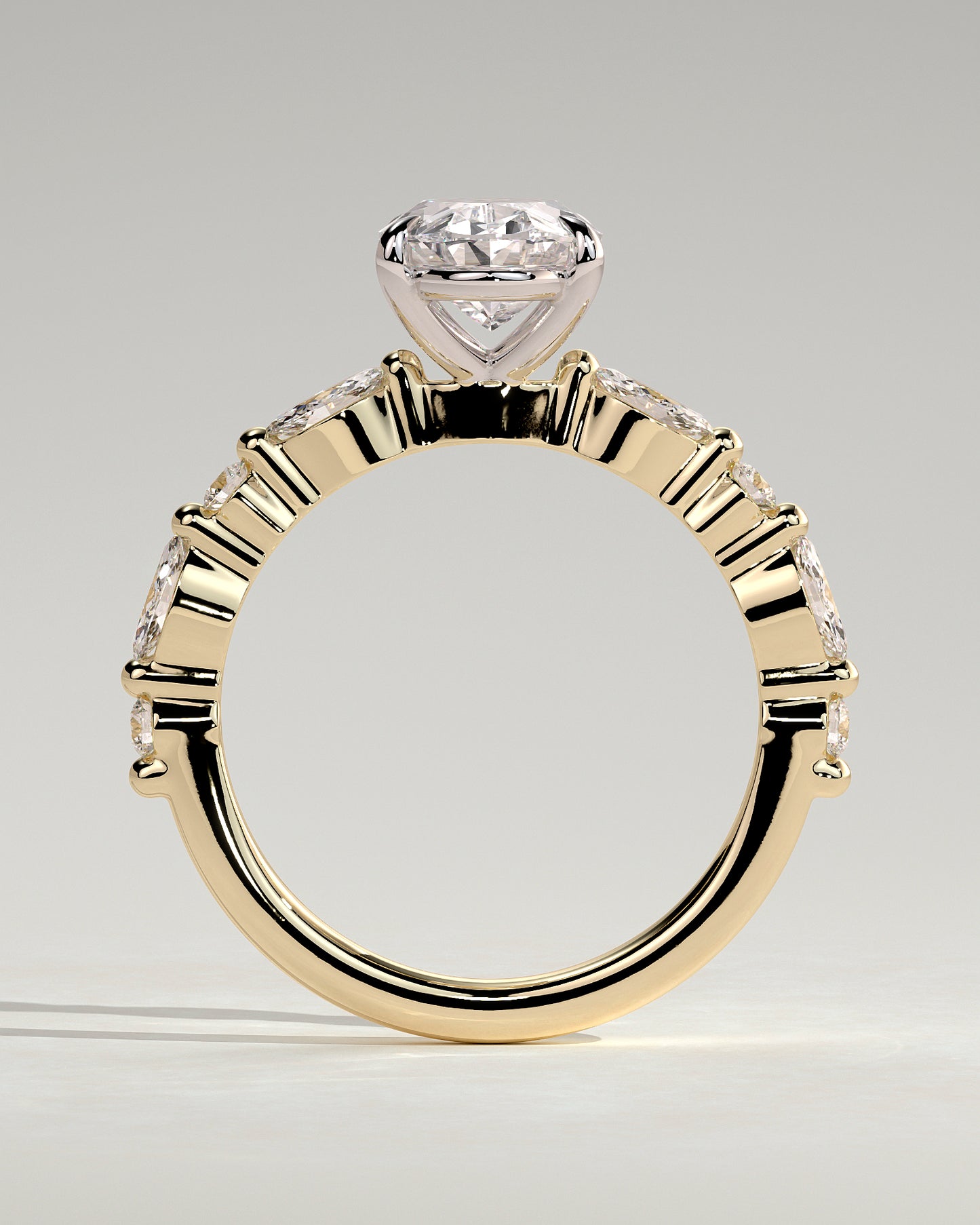 Alyssa - Oval Claw Solitaire with Marquise and Round Accent Stones Engagement Ring - Yellow Two-Tone - Yellow Two-Tone 2ct