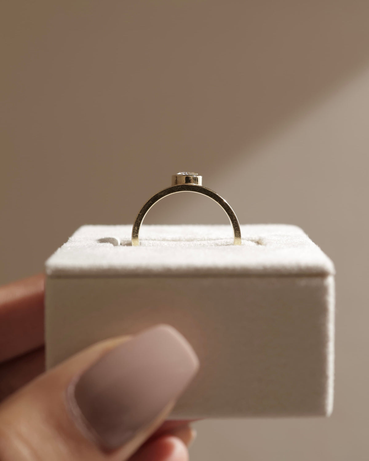 Carmen - Oval Bezel Solitaire with Offset Setting and Flat Cigar Band Engagement Ring - Yellow Gold