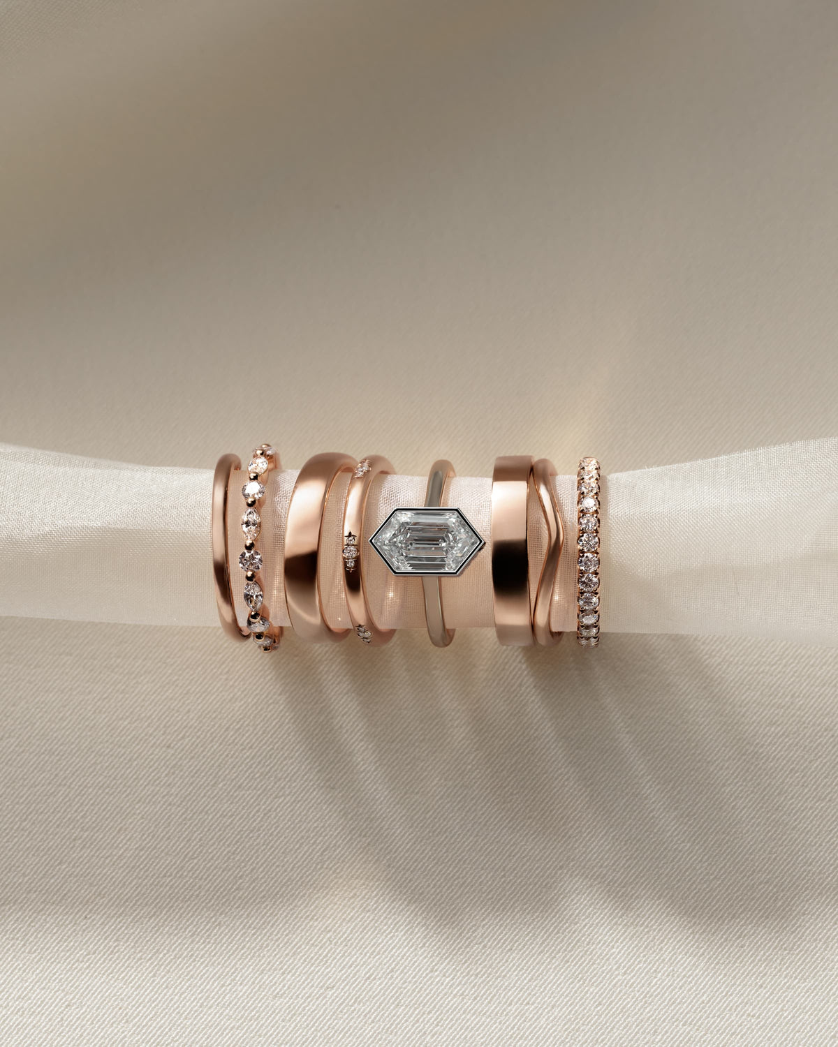 Gloria - Elongated Hexagon Bezel Solitaire with Hidden Halo and Cathedral High Setting Engagement Ring - Rose Two-Tone
