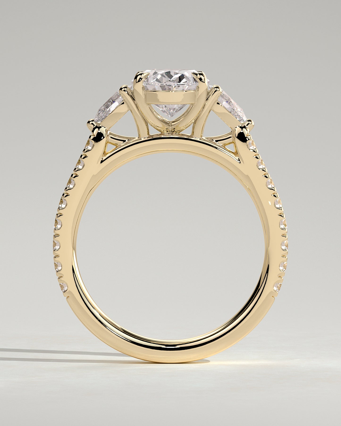 Arabella - Oval Claw Trilogy with Pear Side Stones and Pave Band Engagement Ring - Yellow Gold - Yellow Gold 2ct