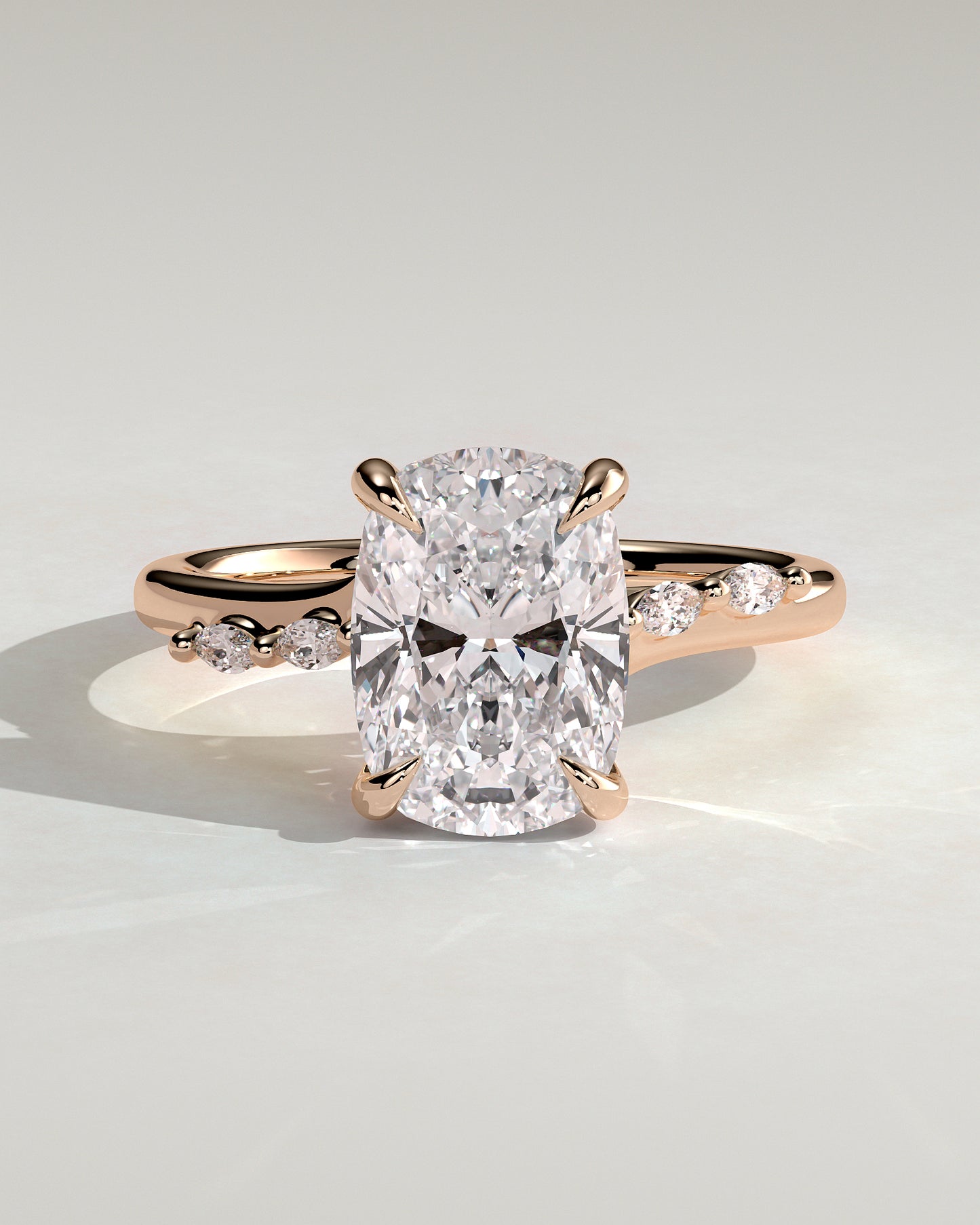 Elle - Elongated Cushion Claw Solitaire with Hidden Halo, Opposing Marquise Accents and Cathedral High Setting Engagement Ring - Rose Gold