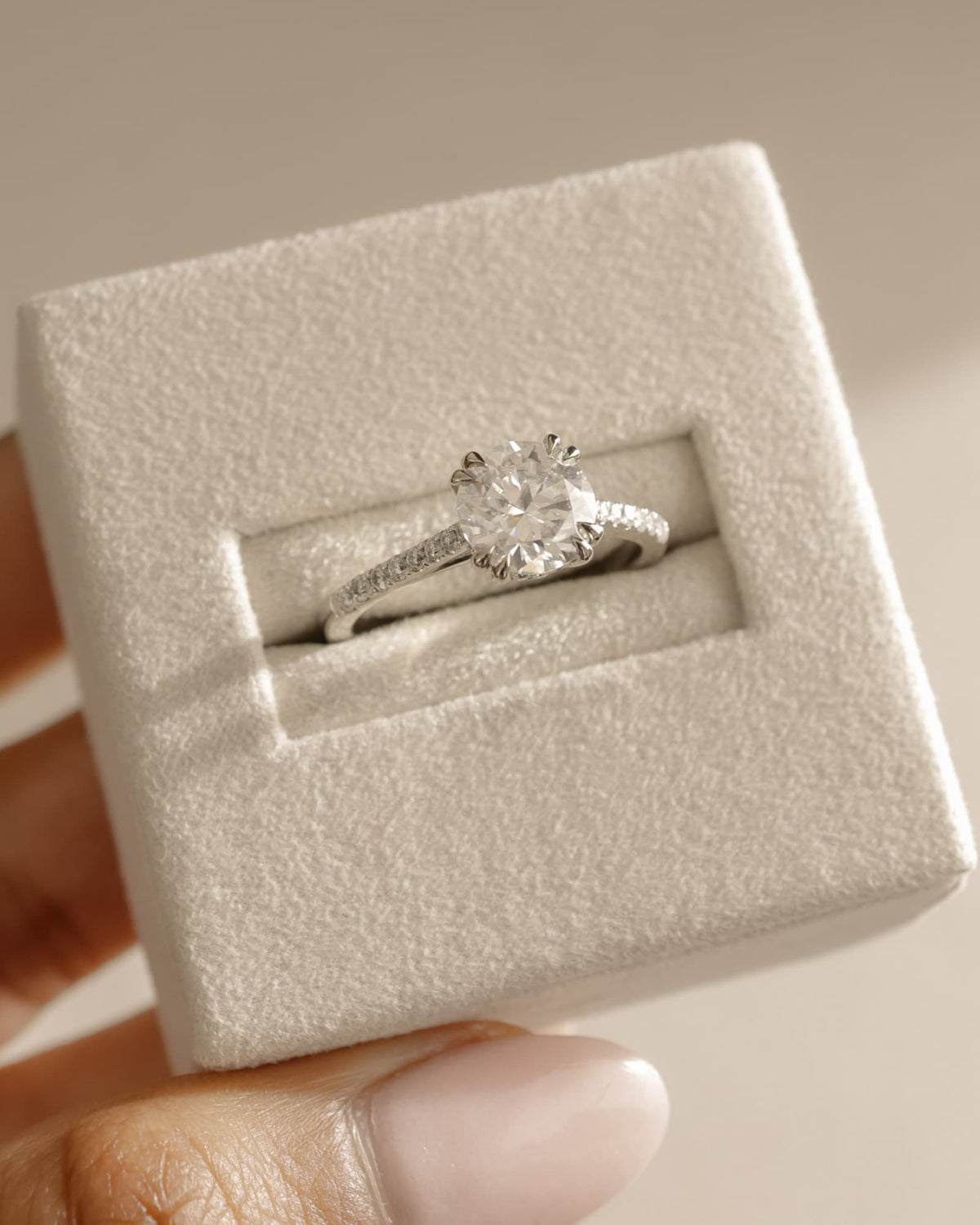 Amelia - Round Double Claw Solitaire with Hidden Halo, Tapered Pave Band and Cathedral High Setting Engagement Ring - Yellow Gold