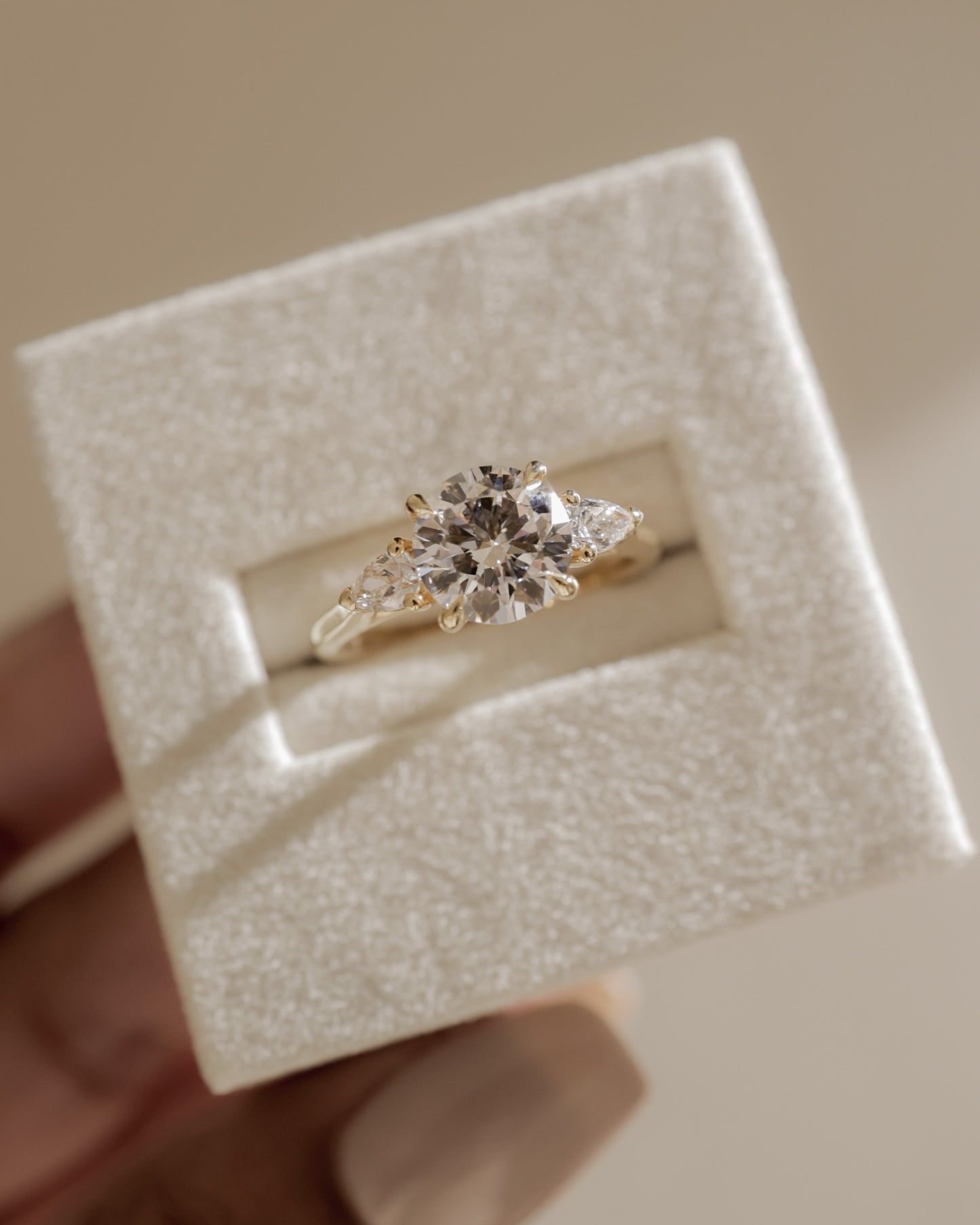 Arya - Round Claw Trilogy with Pear Side Stones and Cathedral Setting Engagement Ring - Rose Two-Tone - Lifestyle