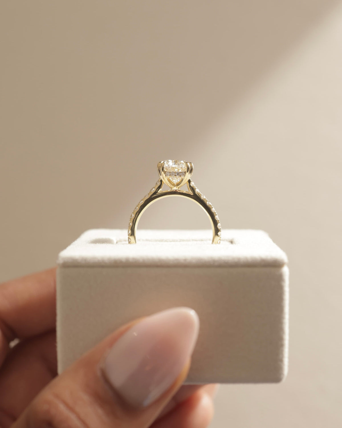 Sasha - Oval Double Claw Solitaire with Hidden Halo, Pave Band and Cathedral High Setting Engagement Ring - Yellow Two-Tone