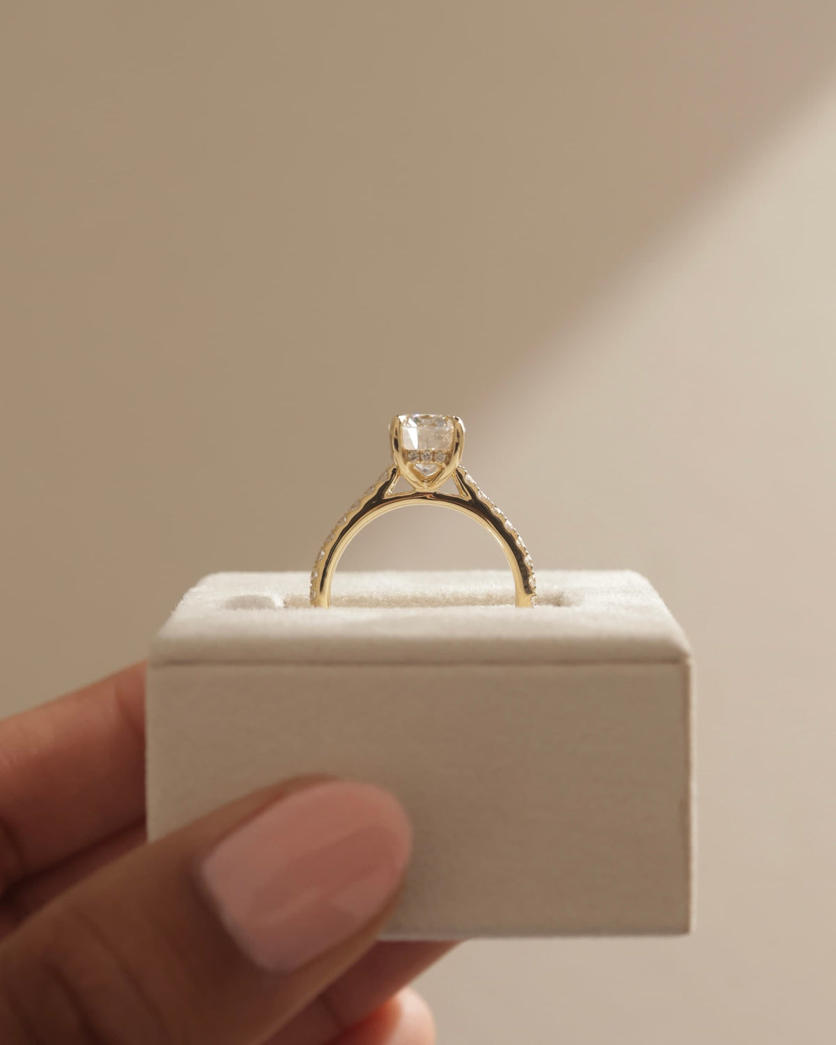 Annika - Elongated Cushion Claw Solitaire with Hidden Halo, Pave Band and Cathedral High Setting Engagement Ring - Yellow Gold