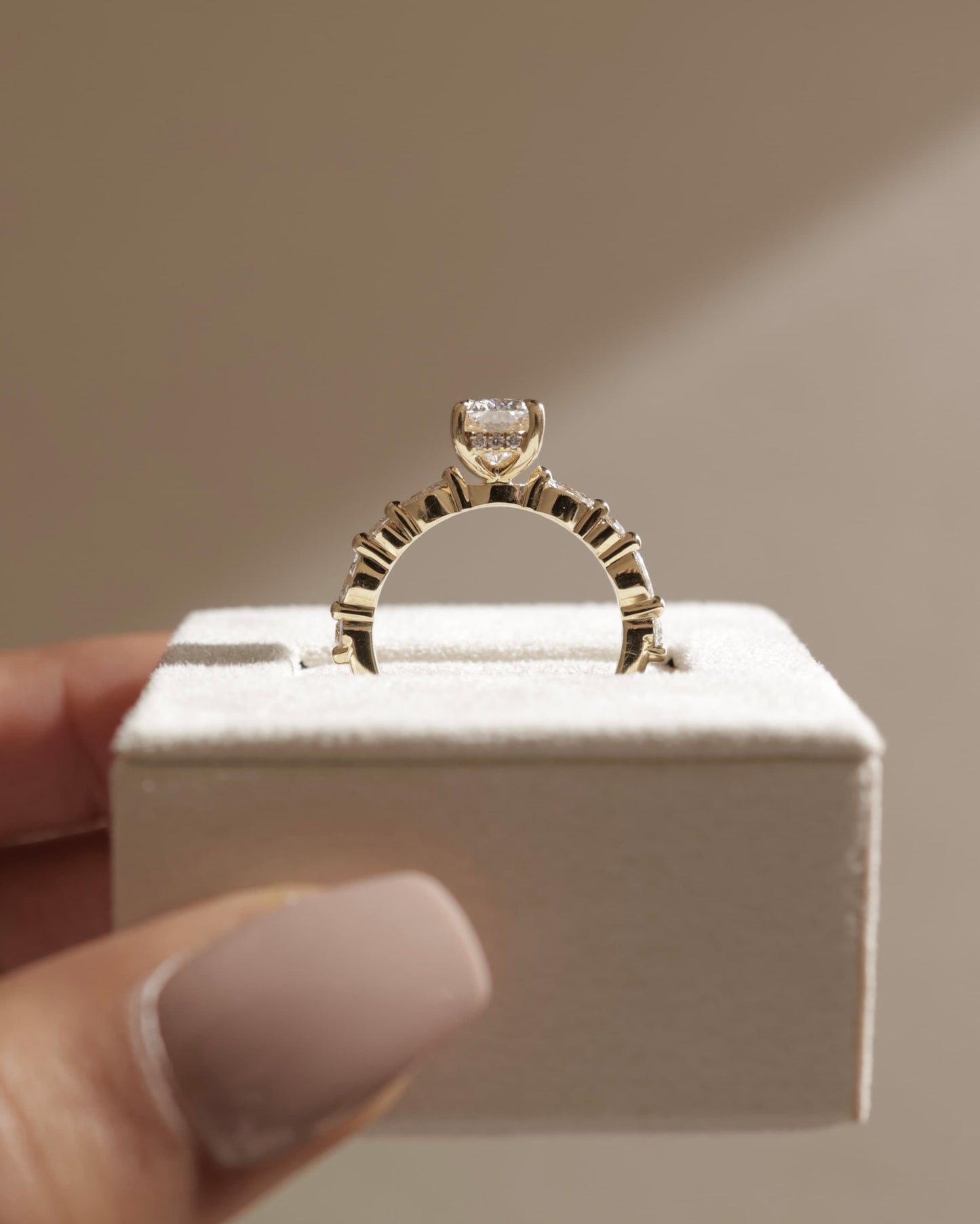 Cali - Elongated Cushion Claw Solitaire with Marquise-Round Accent Stones and Hidden Halo Engagement Ring - Yellow Gold