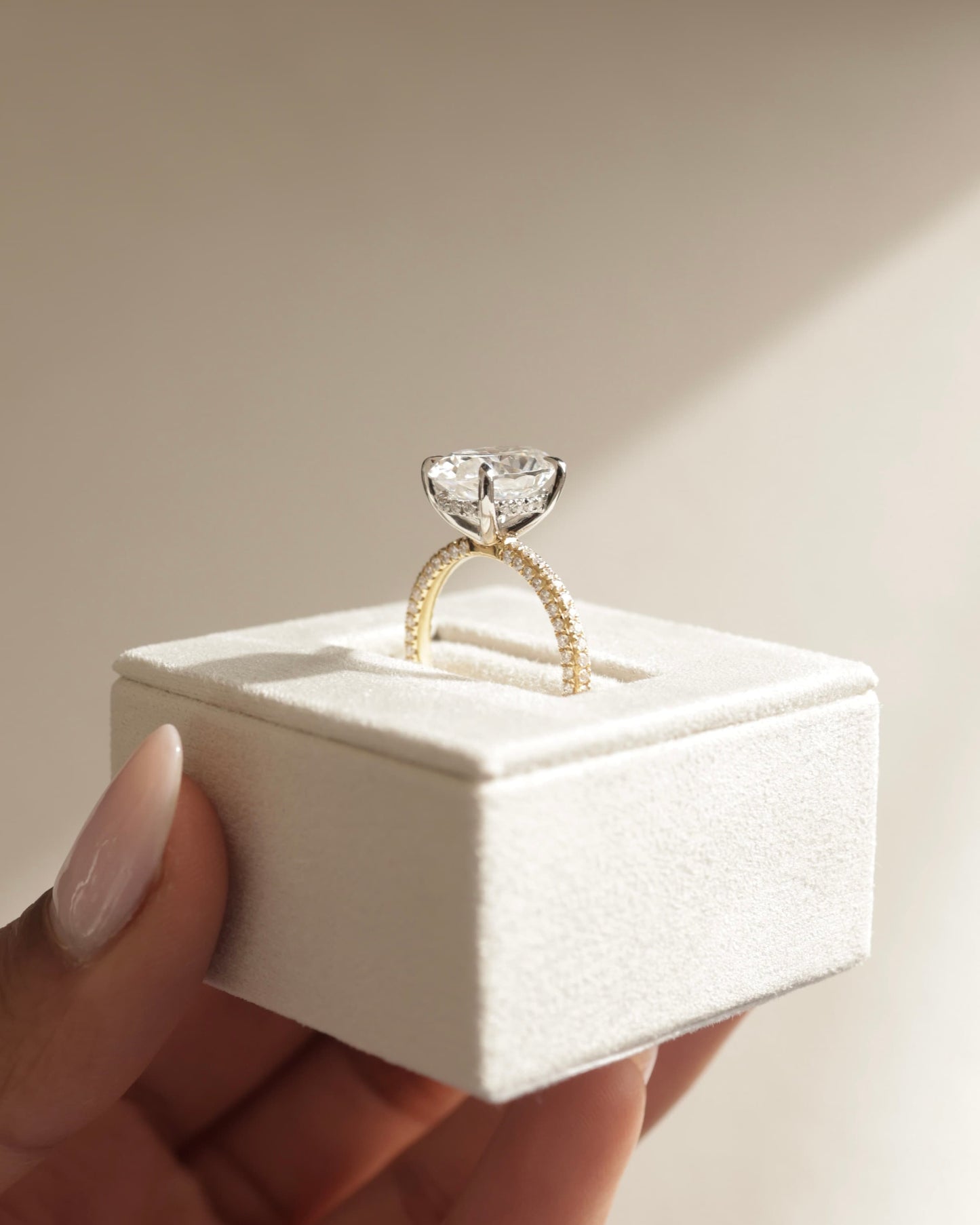 Penelope - Oval Claw Solitaire with Hidden Halo and Triple Pave Band Engagement Ring - White Gold