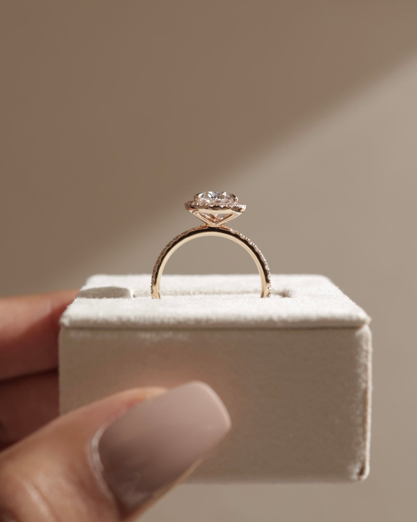 Lauren - Pear Claw Solitaire with Halo and Pave Band Engagement Ring - Rose Two-Tone