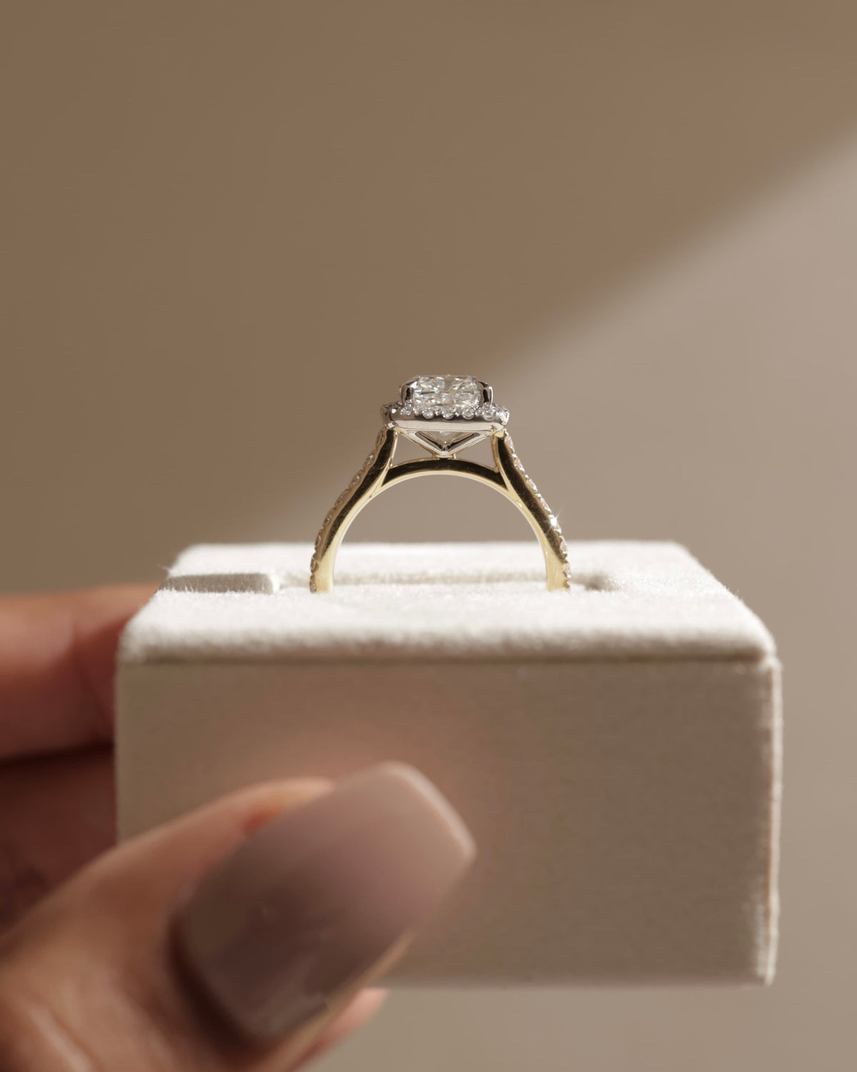 Nicole - Cushion Claw Solitaire with Halo and Pave Band and Cathedral High Setting Engagement Ring - Yellow Gold