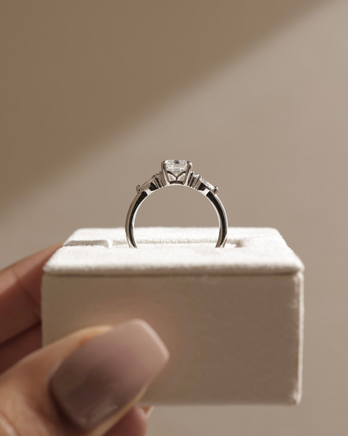 Raleigh - Emerald Claw Solitaire with Pear Accents and Round Shoulder Stones Engagement Ring - Platinum