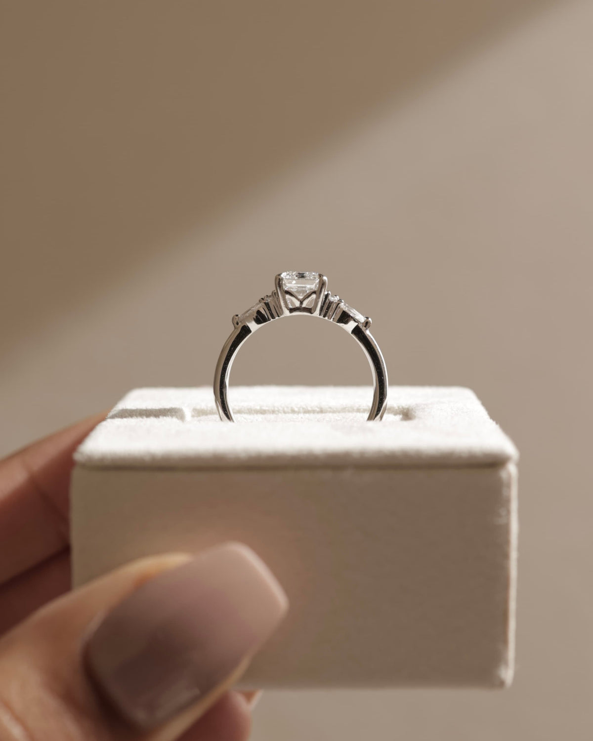 Raleigh - Emerald Claw Solitaire with Pear Accents and Round Shoulder Stones Engagement Ring - Yellow Two-Tone