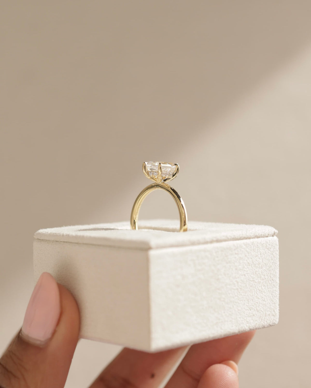 Delta - Elongated Hexagon Claw Solitaire with Hidden Halo Engagement Ring - Yellow Two-Tone