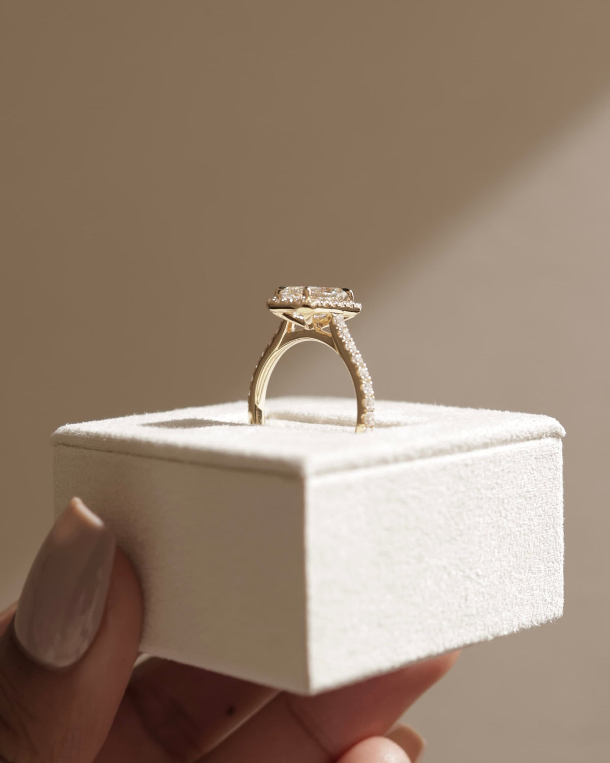 Vanessa - Emerald Claw Solitaire with Halo and Pave Band and Cathedral High Setting Engagement Ring - Yellow Two-Tone