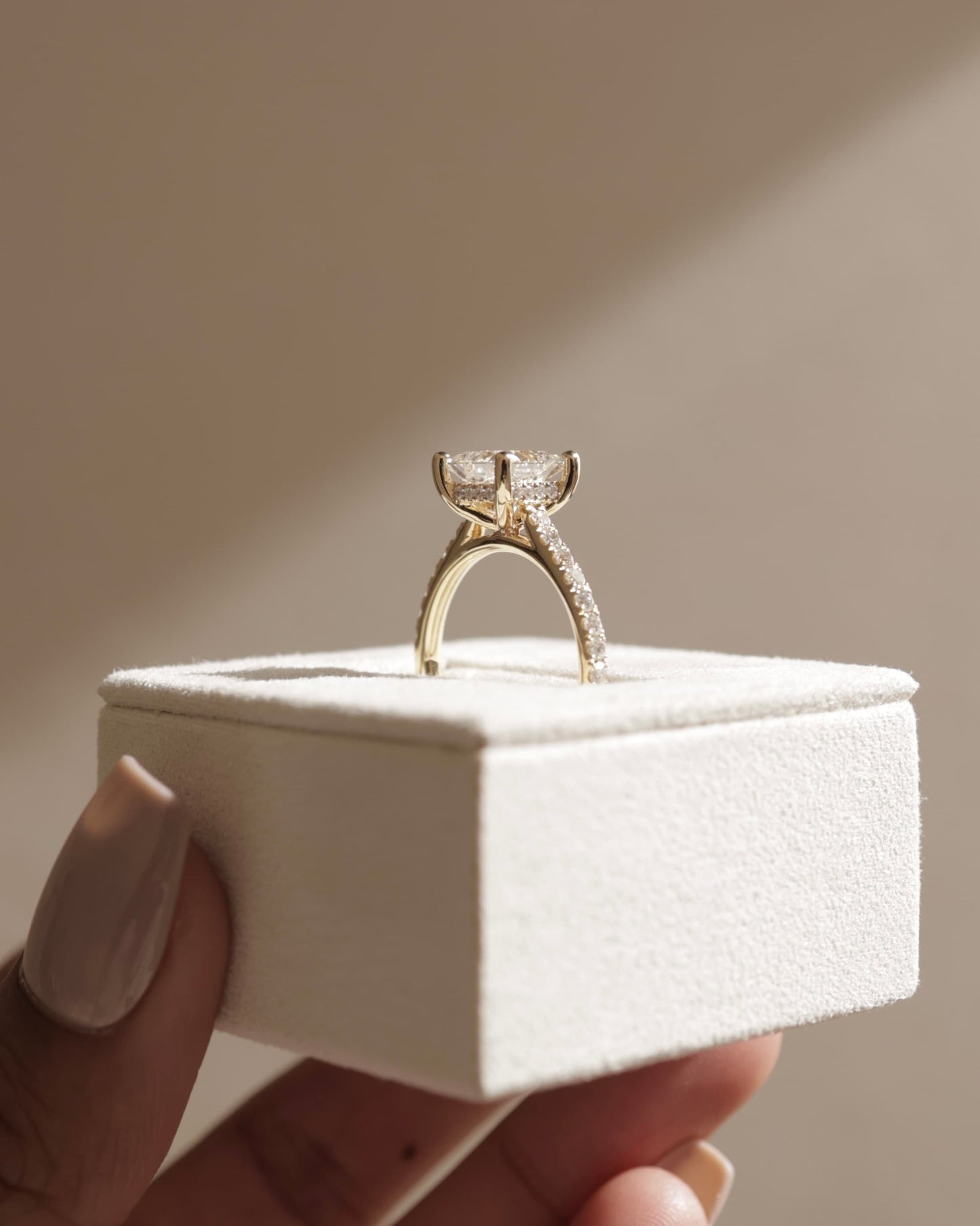 Zendaya - Princess Claw Solitaire with Hidden Halo, Pave Band and Cathedral High Setting Engagement Ring - Platinum