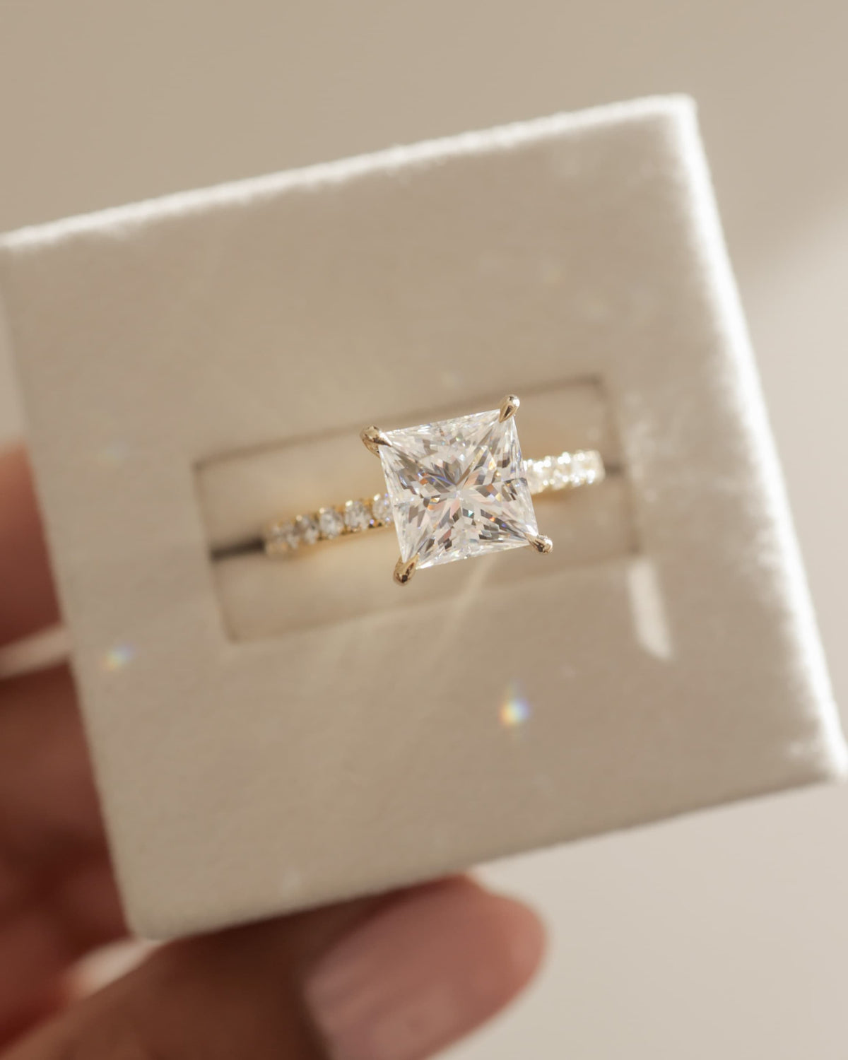 Annie - Princess Claw Solitaire with Hidden Halo and Pave Band Engagement Ring - Yellow Gold