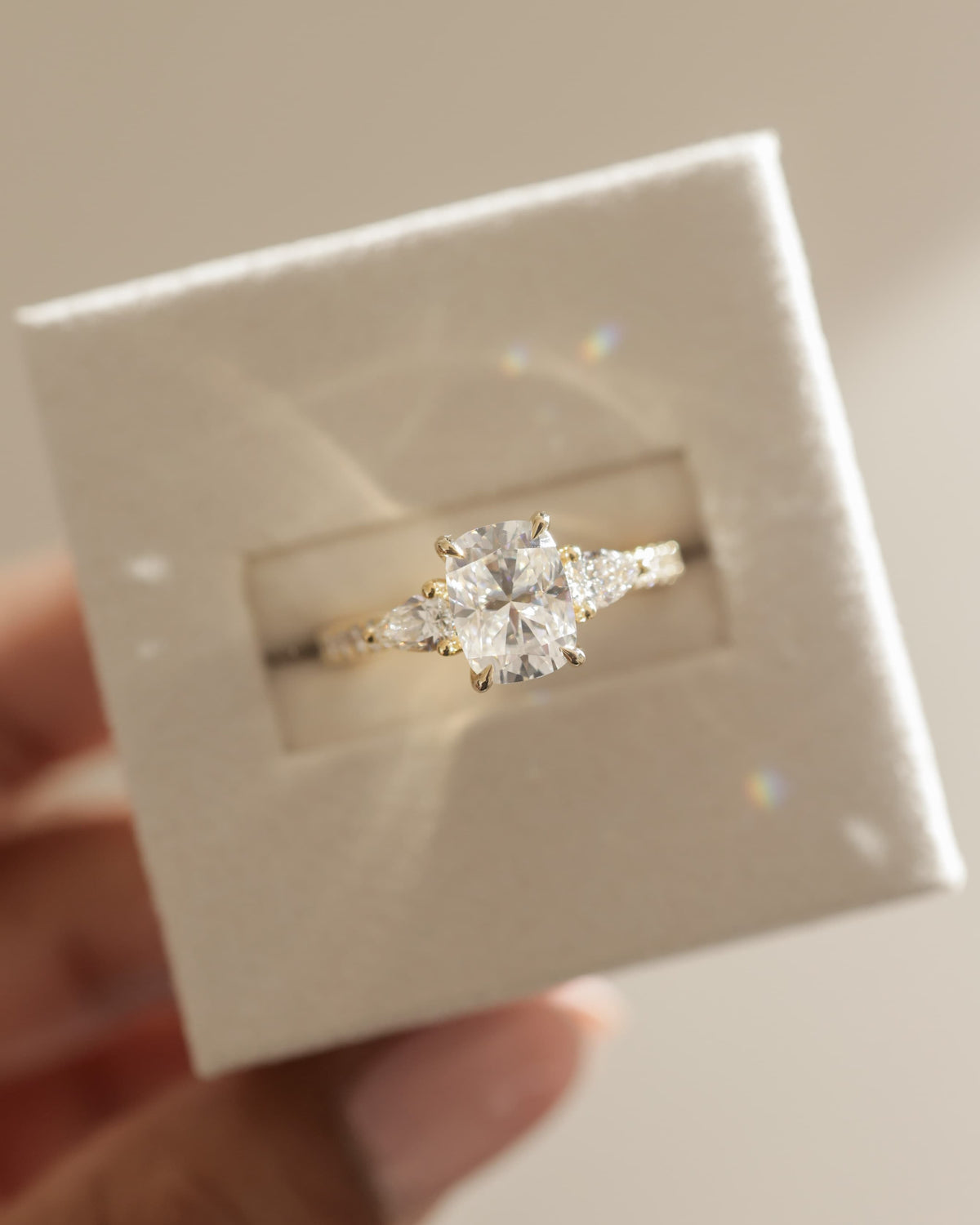 Bree - Elongated Cushion Claw Trilogy with Pear Side Stones and Pave Band Engagement Ring - Yellow Two-Tone
