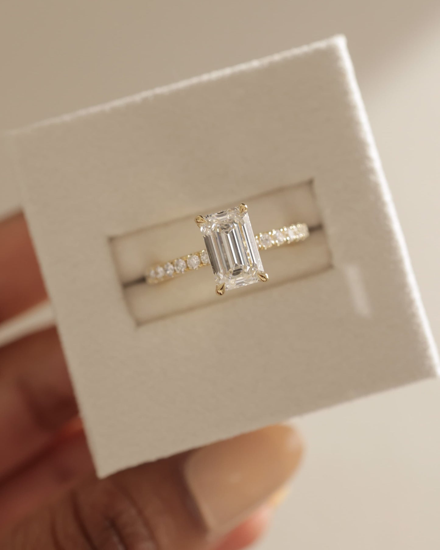 Gwyneth - Emerald Claw Solitaire with Hidden Halo and Pave Band Engagement Ring - White Gold