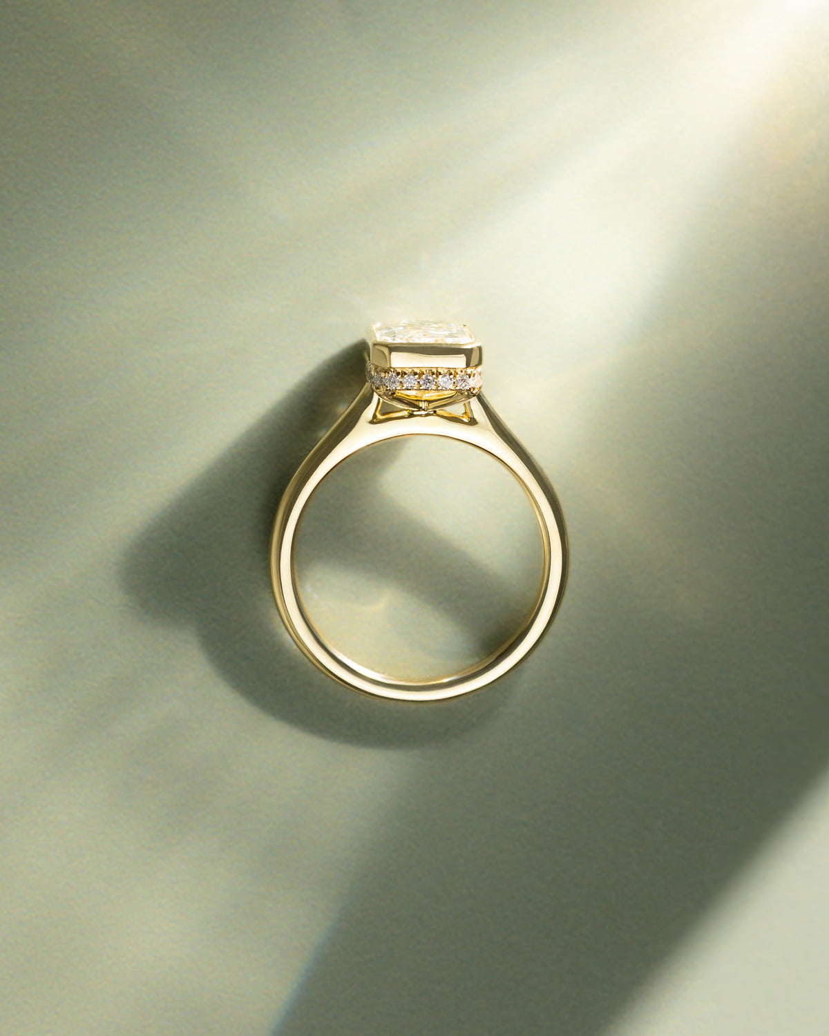Bennie - Radiant Bezel Solitaire with Hidden Halo and Cathedral High Setting Engagement Ring - Yellow Gold