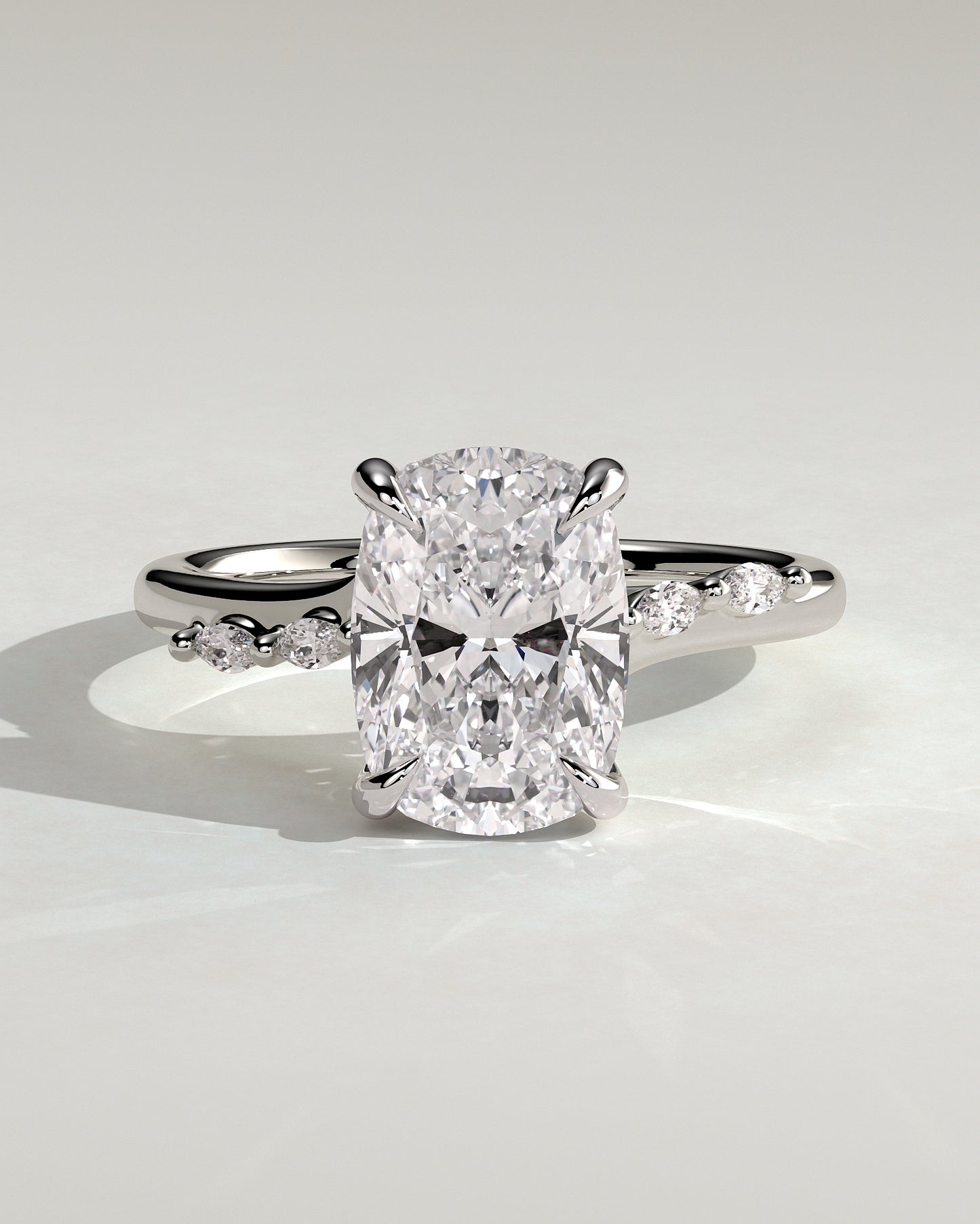 Elle - Elongated Cushion Claw Solitaire with Hidden Halo, Opposing Marquise Accents and Cathedral High Setting Engagement Ring - Platinum