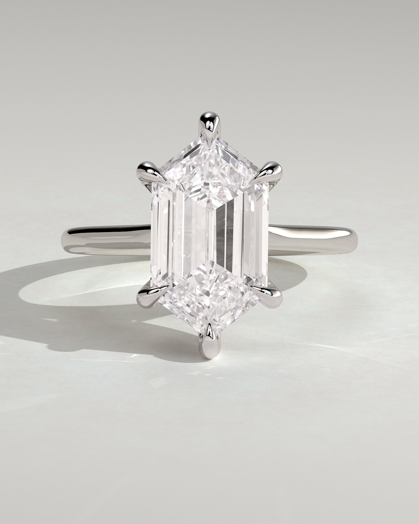 Anastasia - Elongated Hexagon Claw Solitaire with Hidden Halo and Cathedral High Setting Engagement Ring - White Gold