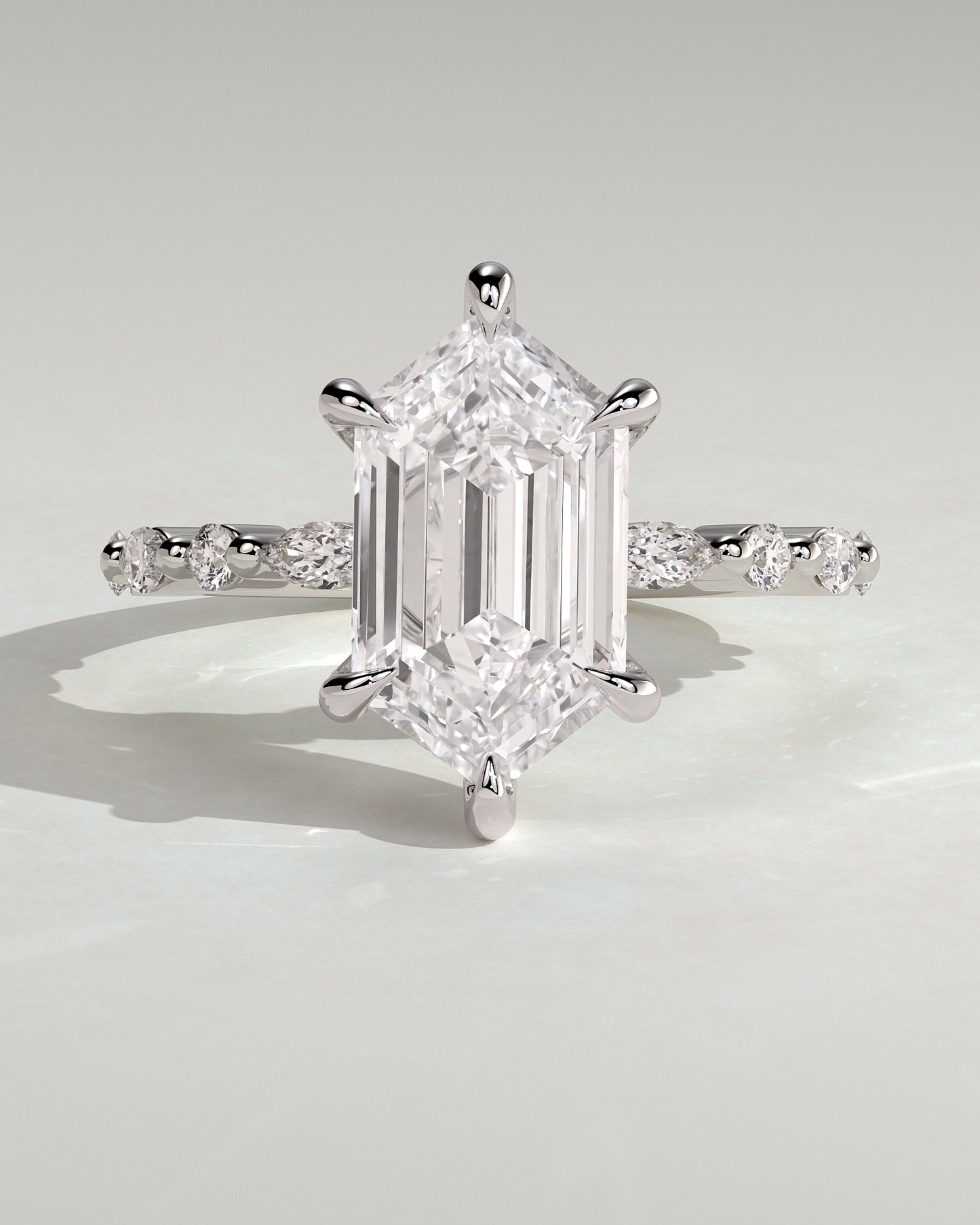 Agnes - Elongated Hexagon Claw Solitaire with Marquise and Round Accent Stones Engagement Ring - Platinum
