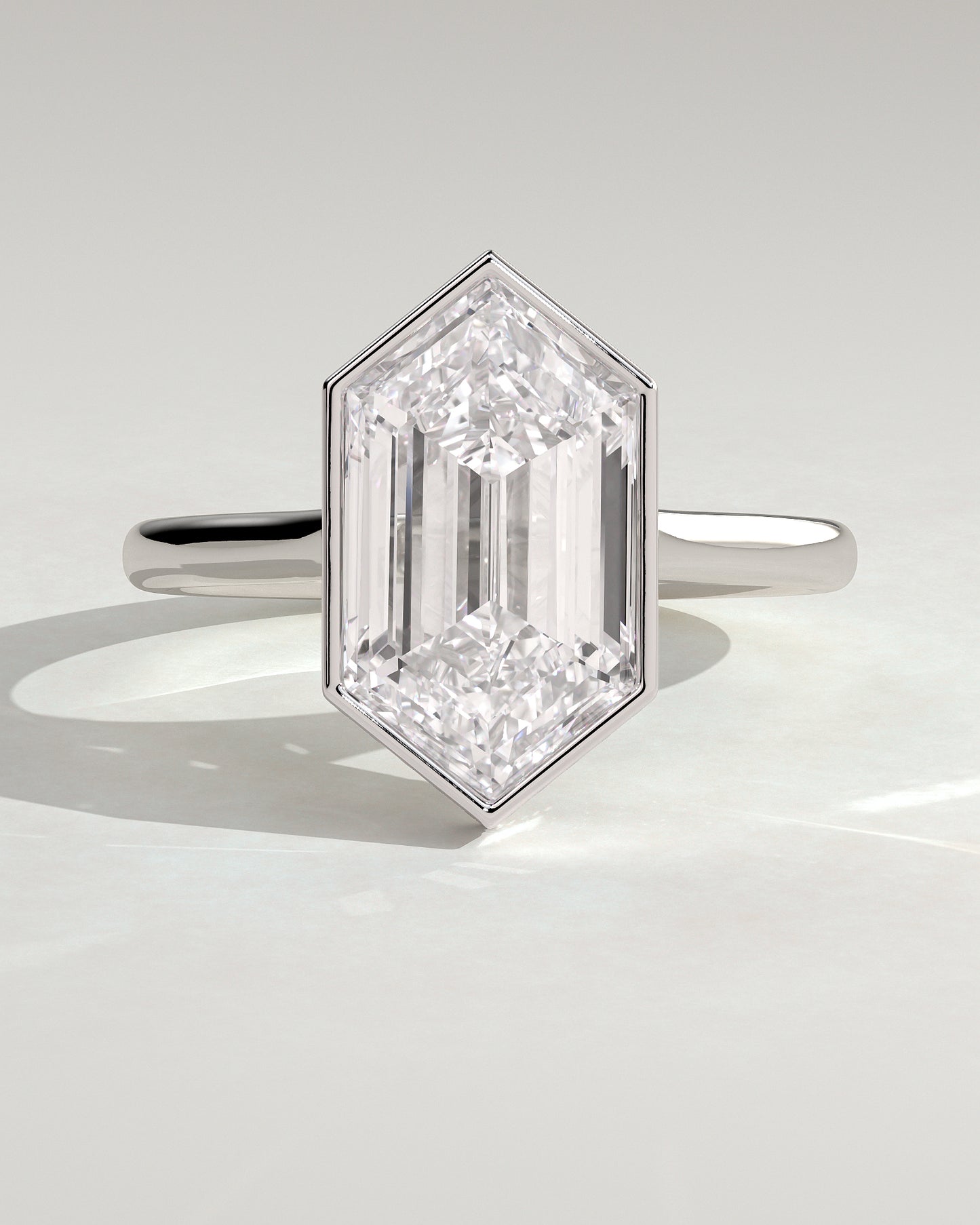 Gloria - Elongated Hexagon Bezel Solitaire with Hidden Halo and Cathedral High Setting Engagement Ring - Platinum