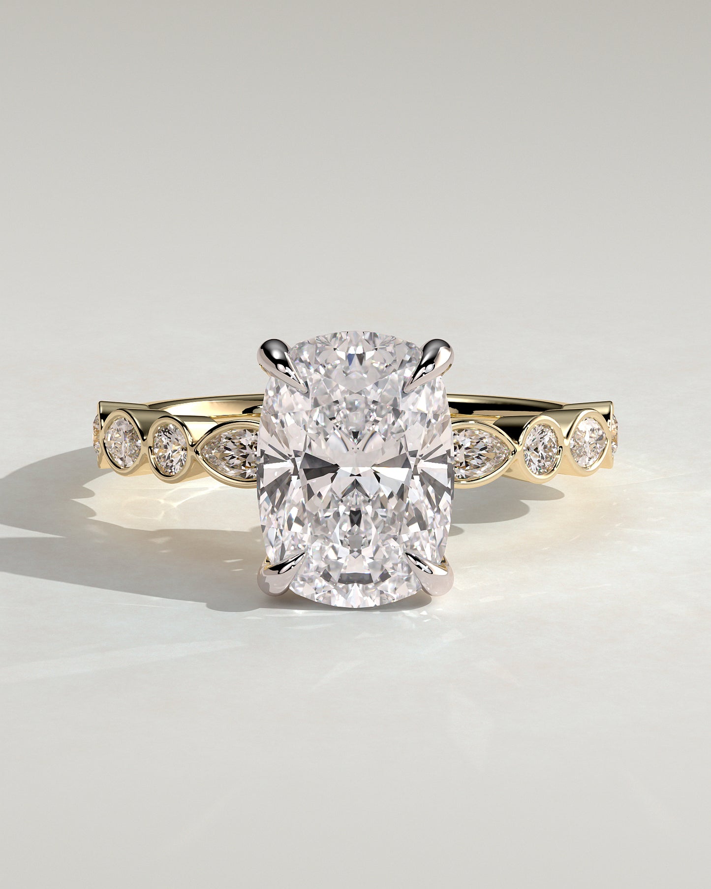 Carrie - Elongated Cushion Claw Solitaire with Round-Marquise Bezel Accent Stones Engagement Ring - Yellow Two-Tone
